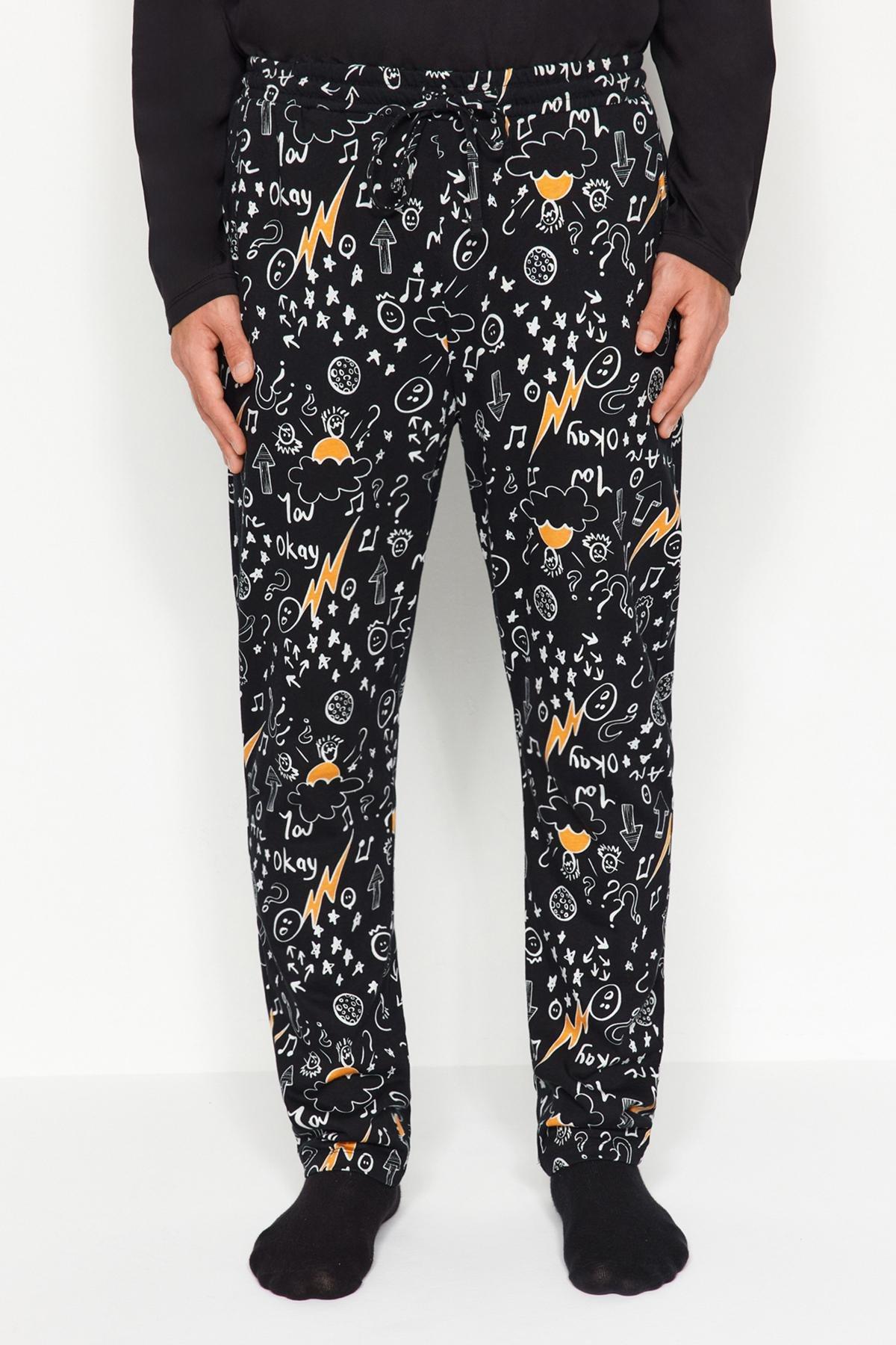 Trendyol - Black Embroidered Knitted Pyjamas Set