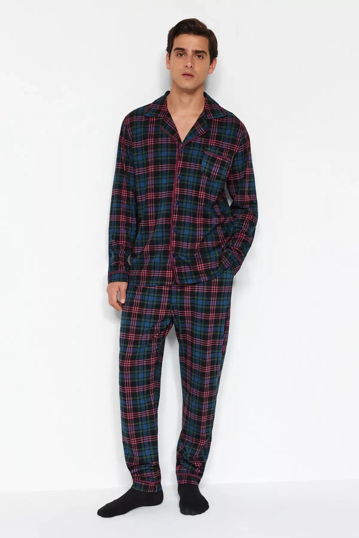 Navy Plaid Knitted Pyjamas Set, Navy blue, medium