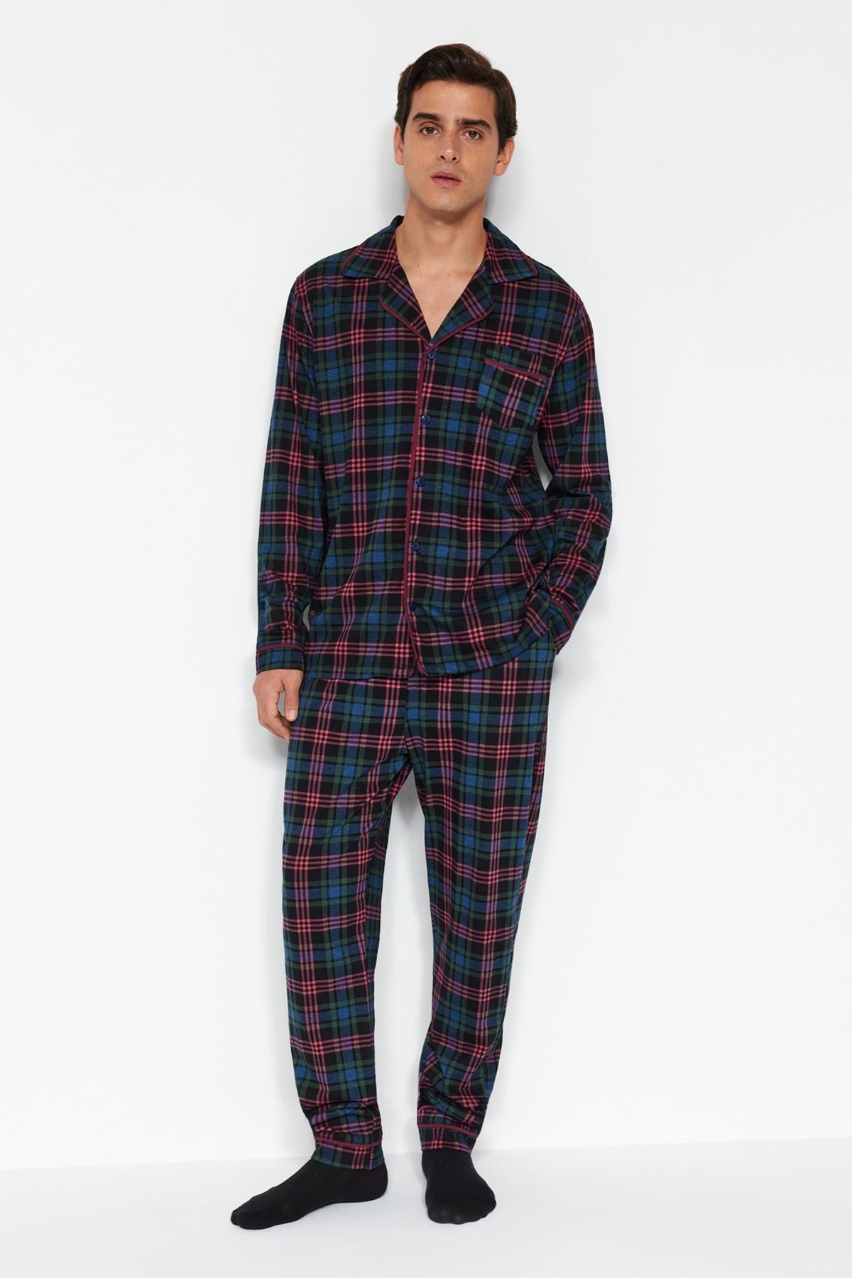 Navy Plaid Knitted Pyjamas Set, , large image number 0