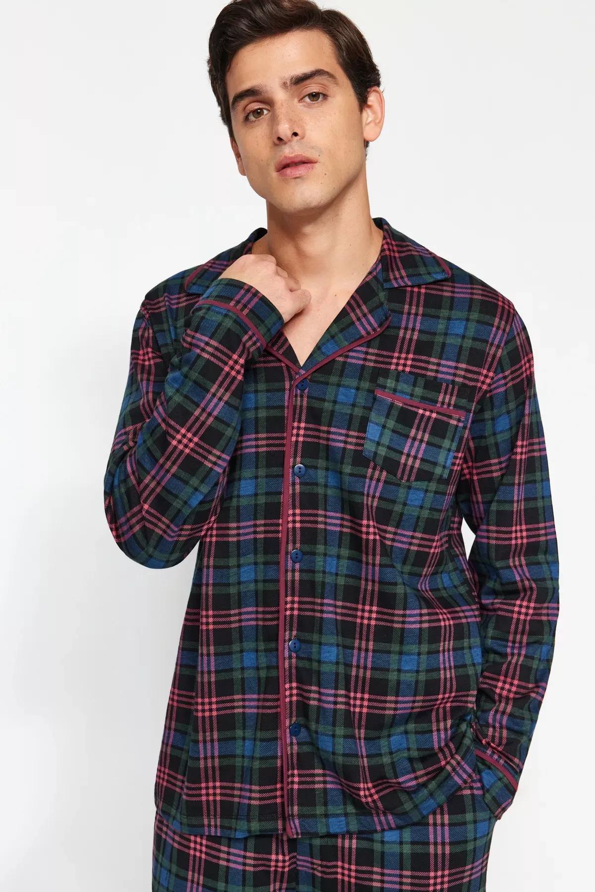 Navy Plaid Knitted Pyjamas Set, Navy blue, medium