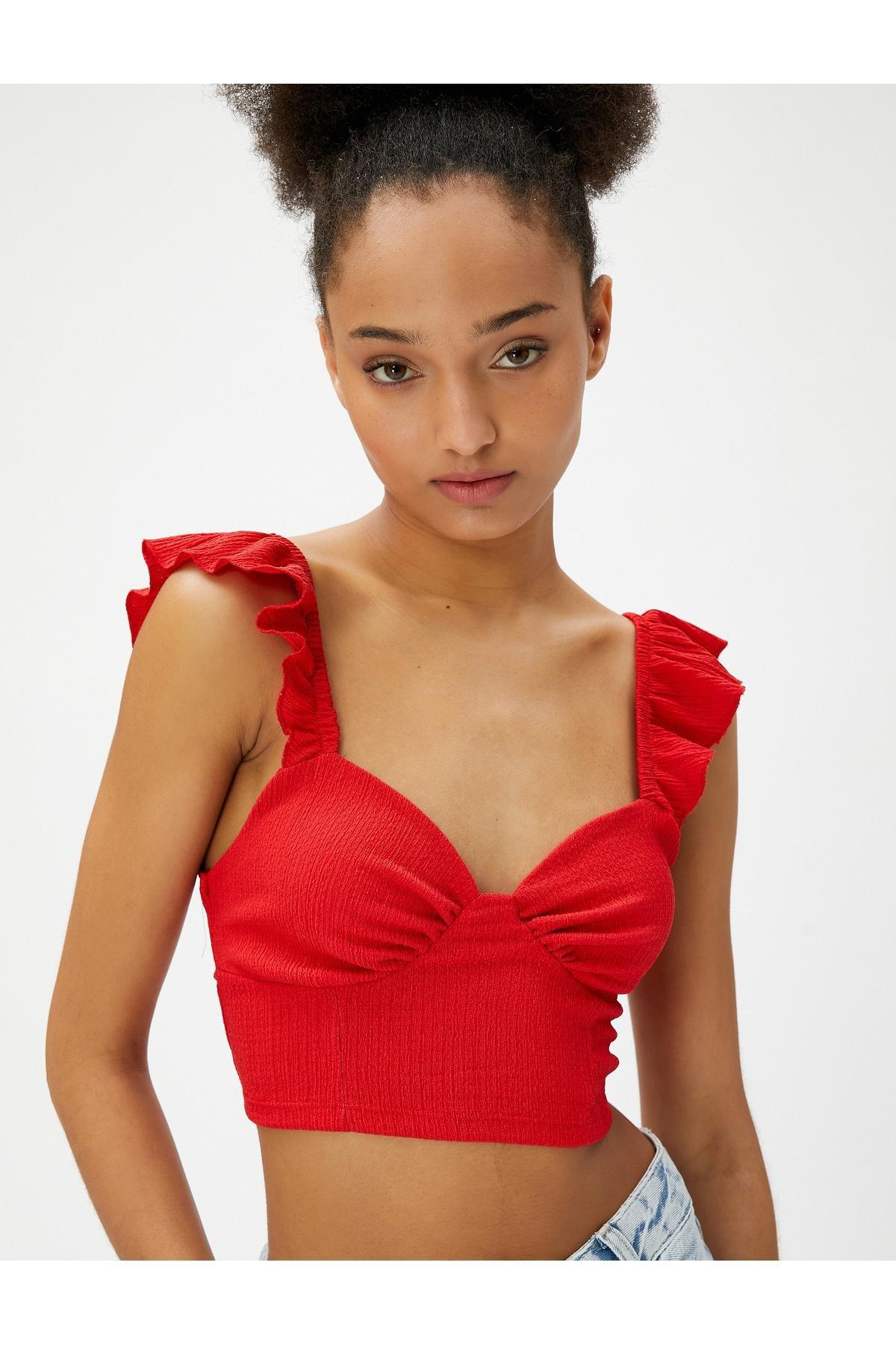 Koton - Red Ruffled Sweetheart Neckline Crop Top