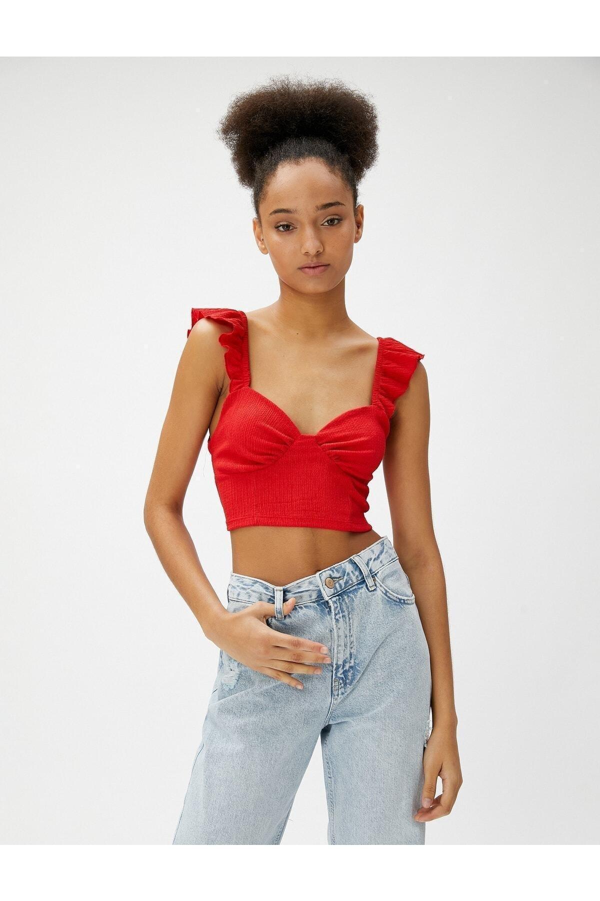 Koton - Red Ruffled Sweetheart Neckline Crop Top