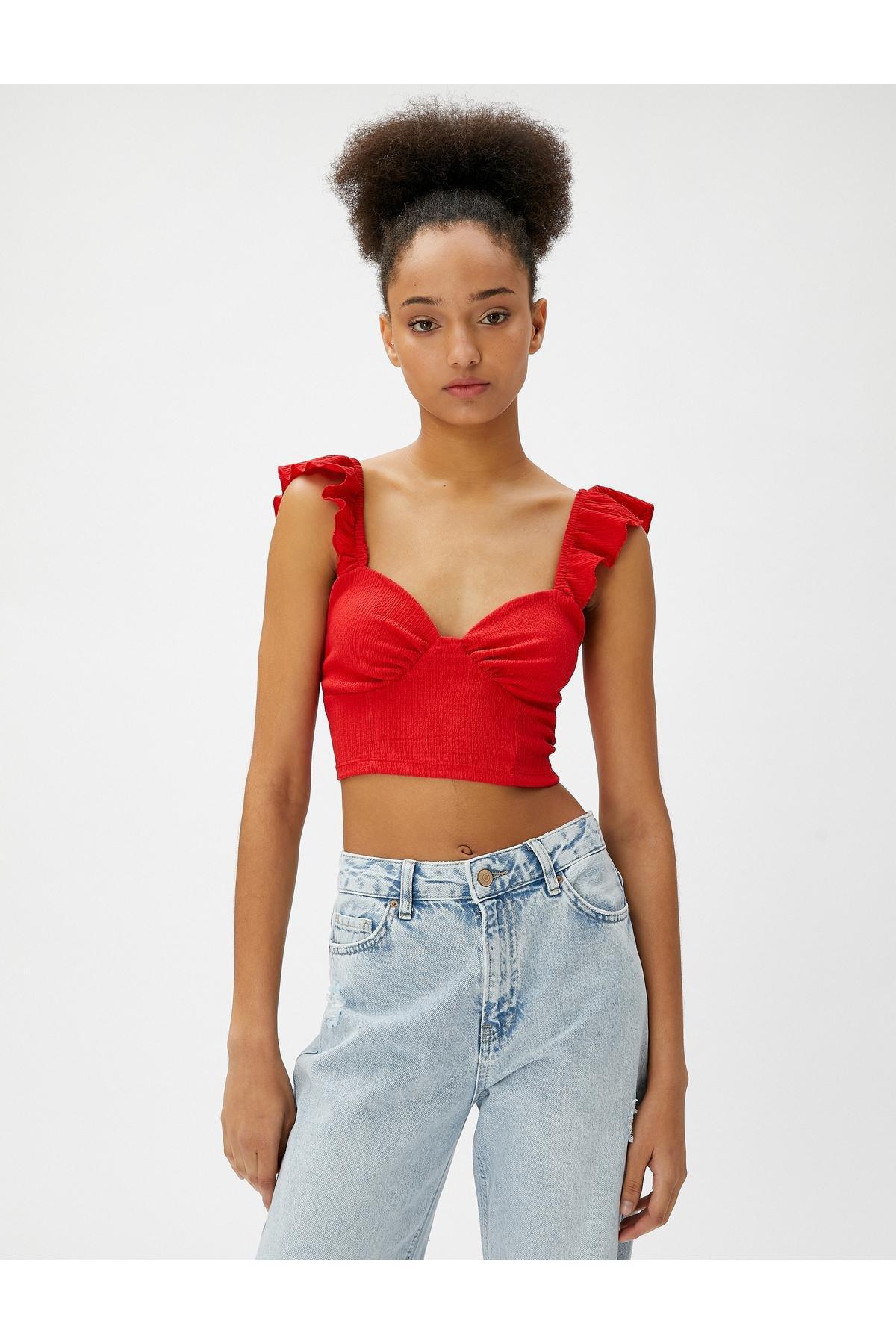 Koton - Red Ruffled Sweetheart Neckline Crop Top