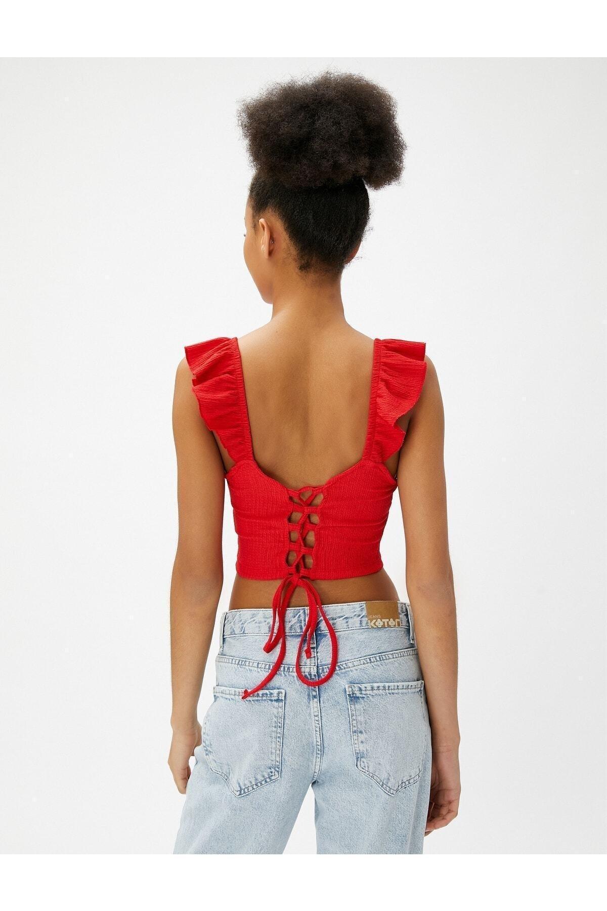 Koton - Red Ruffled Sweetheart Neckline Crop Top