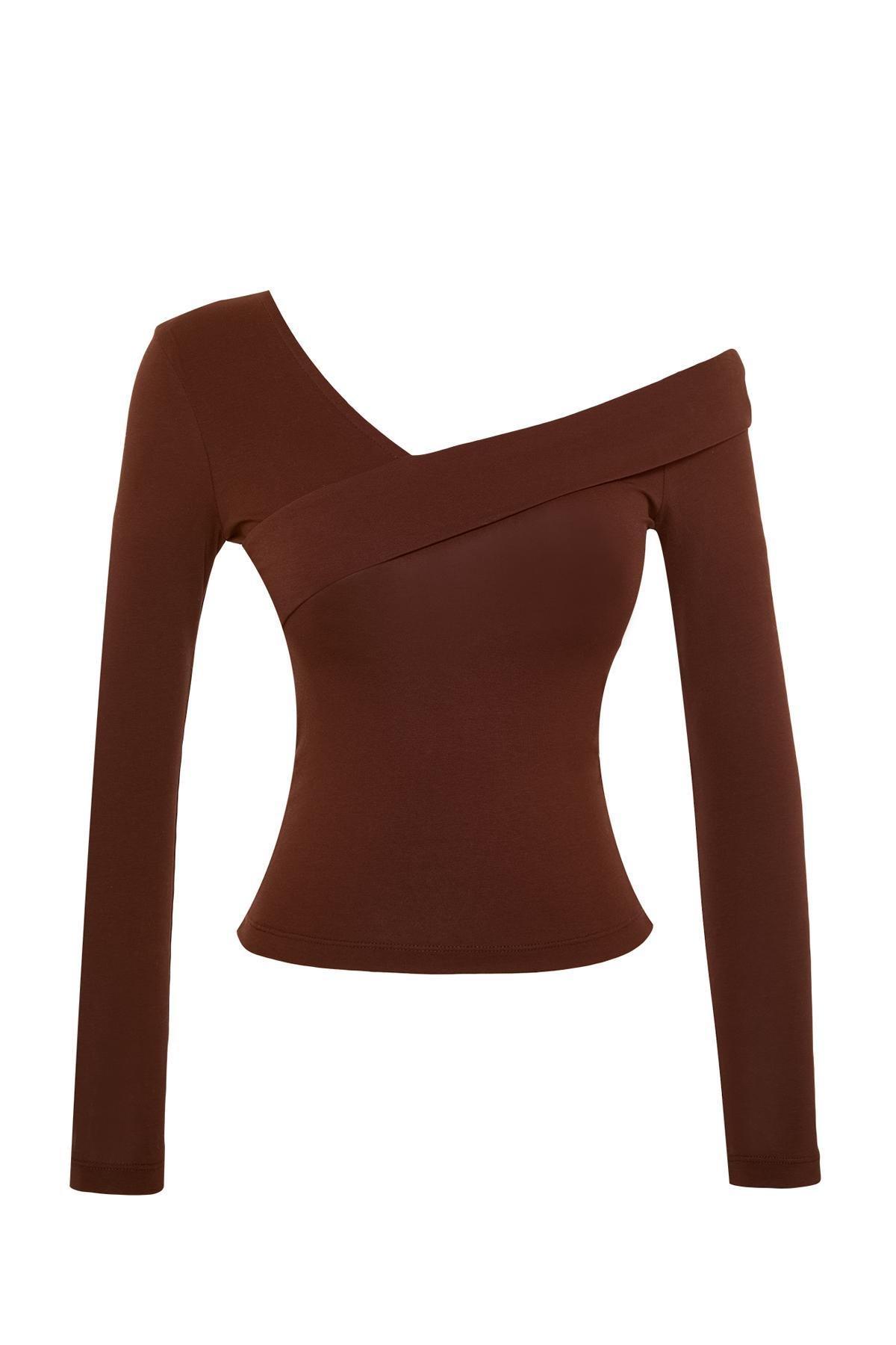 Trendyol - Brown Flounce Fitted Crop Blouse