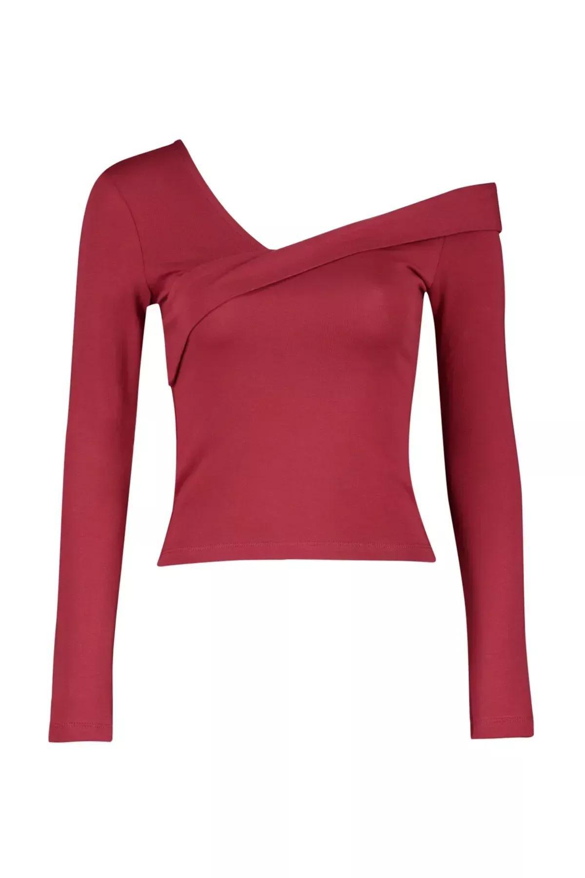 Red Ruffled Knitted Blouse, Burgundy, large image number 5