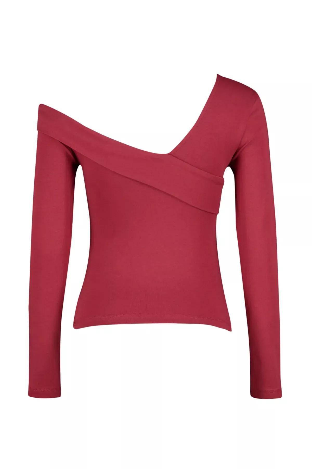 Red Ruffled Knitted Blouse, Burgundy, large image number 7