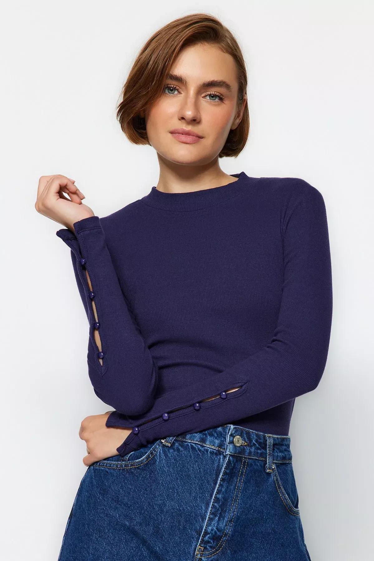 Navy Collared Ribbed Buttoned Knitted Blouse, Navy blue, large image number 0