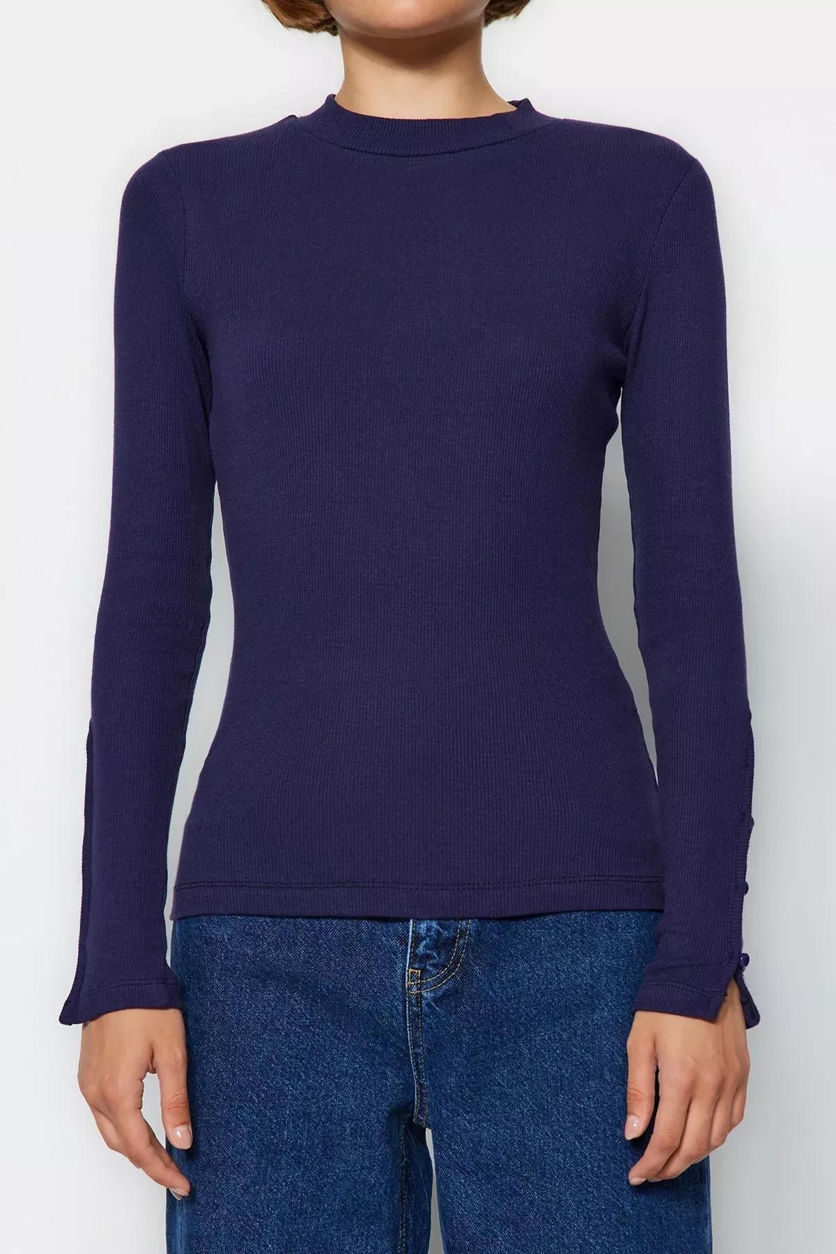 Navy Collared Ribbed Buttoned Knitted Blouse, Navy blue, large image number 1