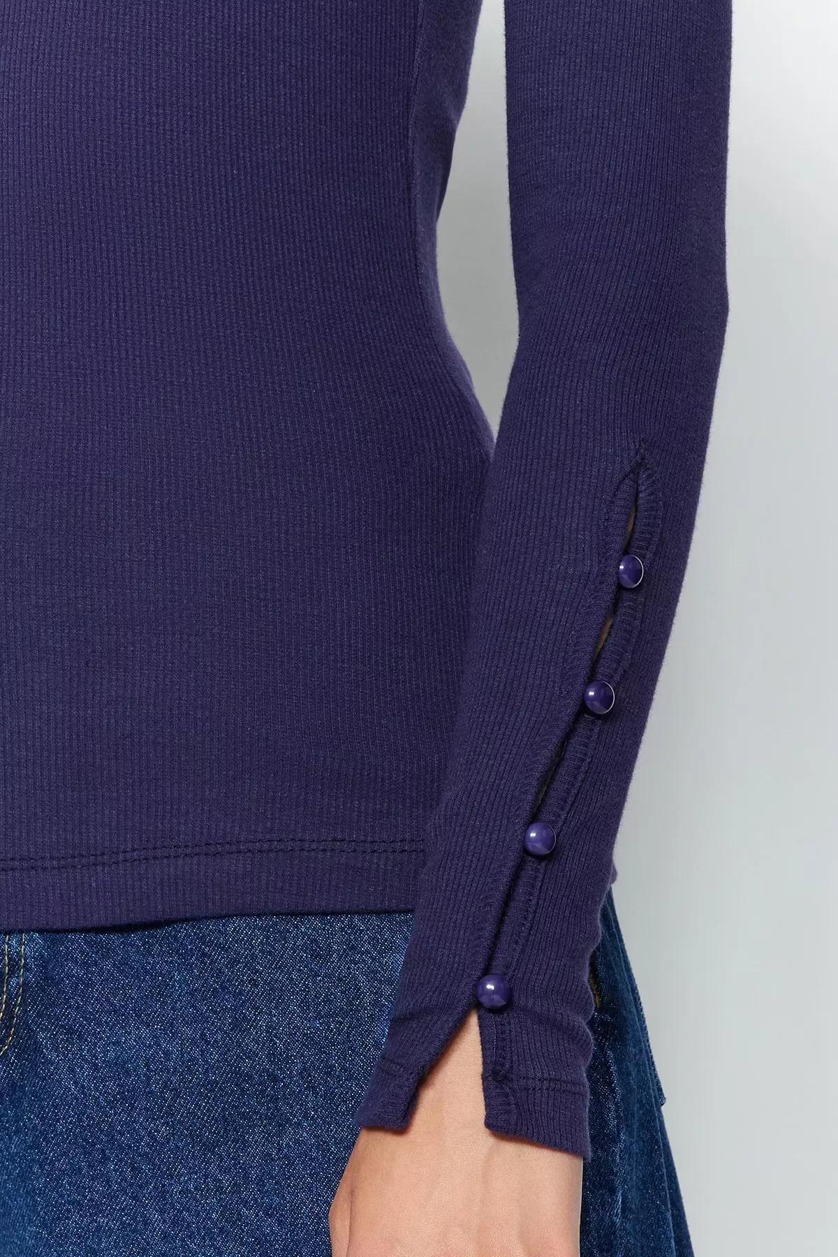 Navy Collared Ribbed Buttoned Knitted Blouse, Navy blue, large image number 2