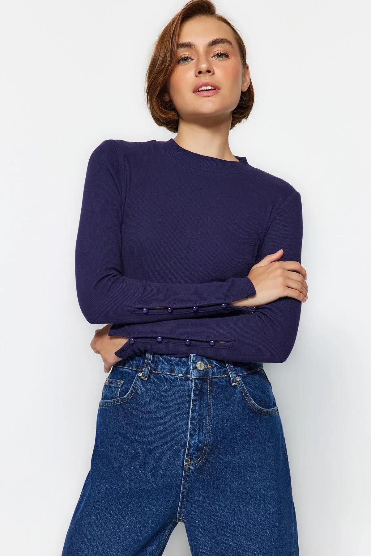 Navy Collared Ribbed Buttoned Knitted Blouse, Navy blue, large image number 3