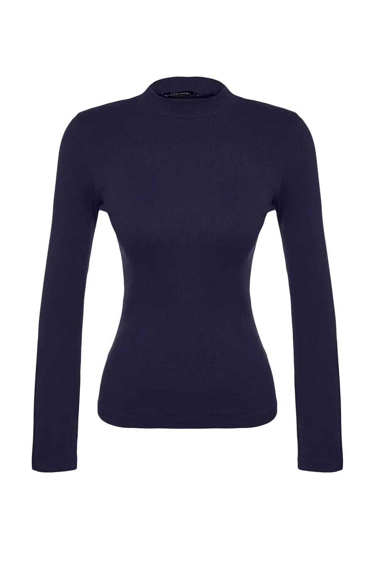 Navy Collared Ribbed Buttoned Knitted Blouse, Navy blue, large image number 4