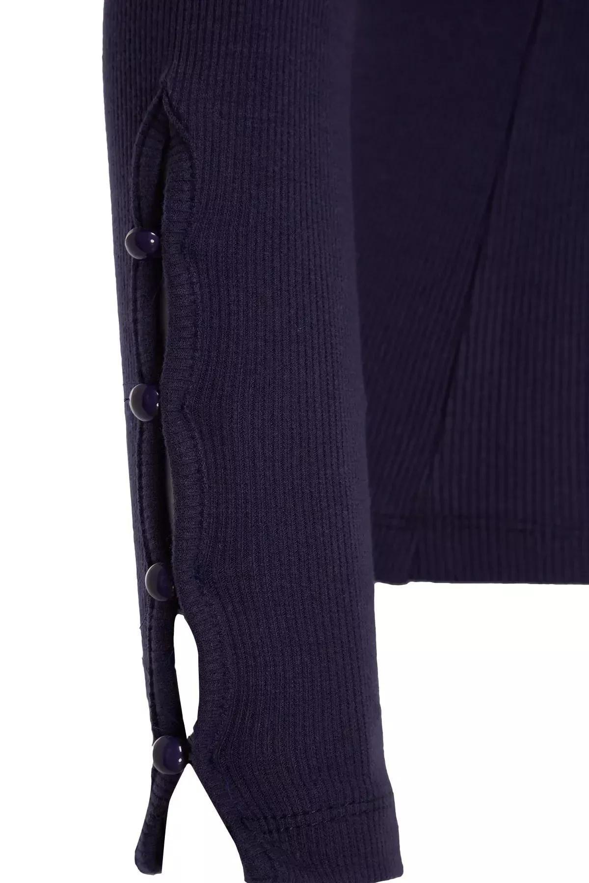 Navy Collared Ribbed Buttoned Knitted Blouse, Navy blue, large image number 5