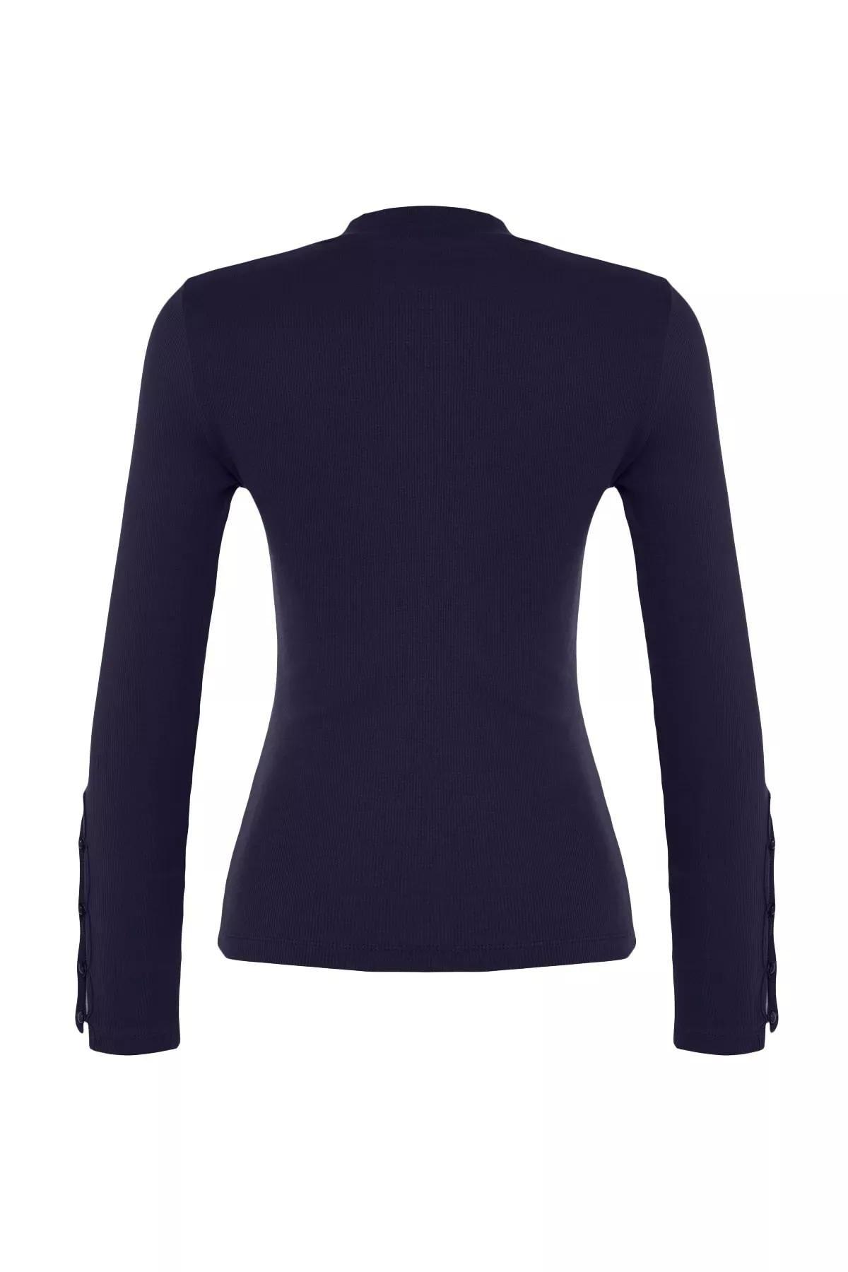 Navy Collared Ribbed Buttoned Knitted Blouse, Navy blue, large image number 6
