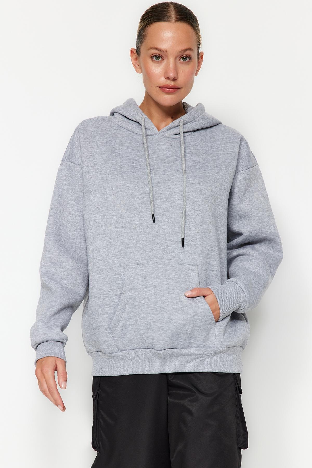 Grey Oversized Knitted Hoodie, , medium