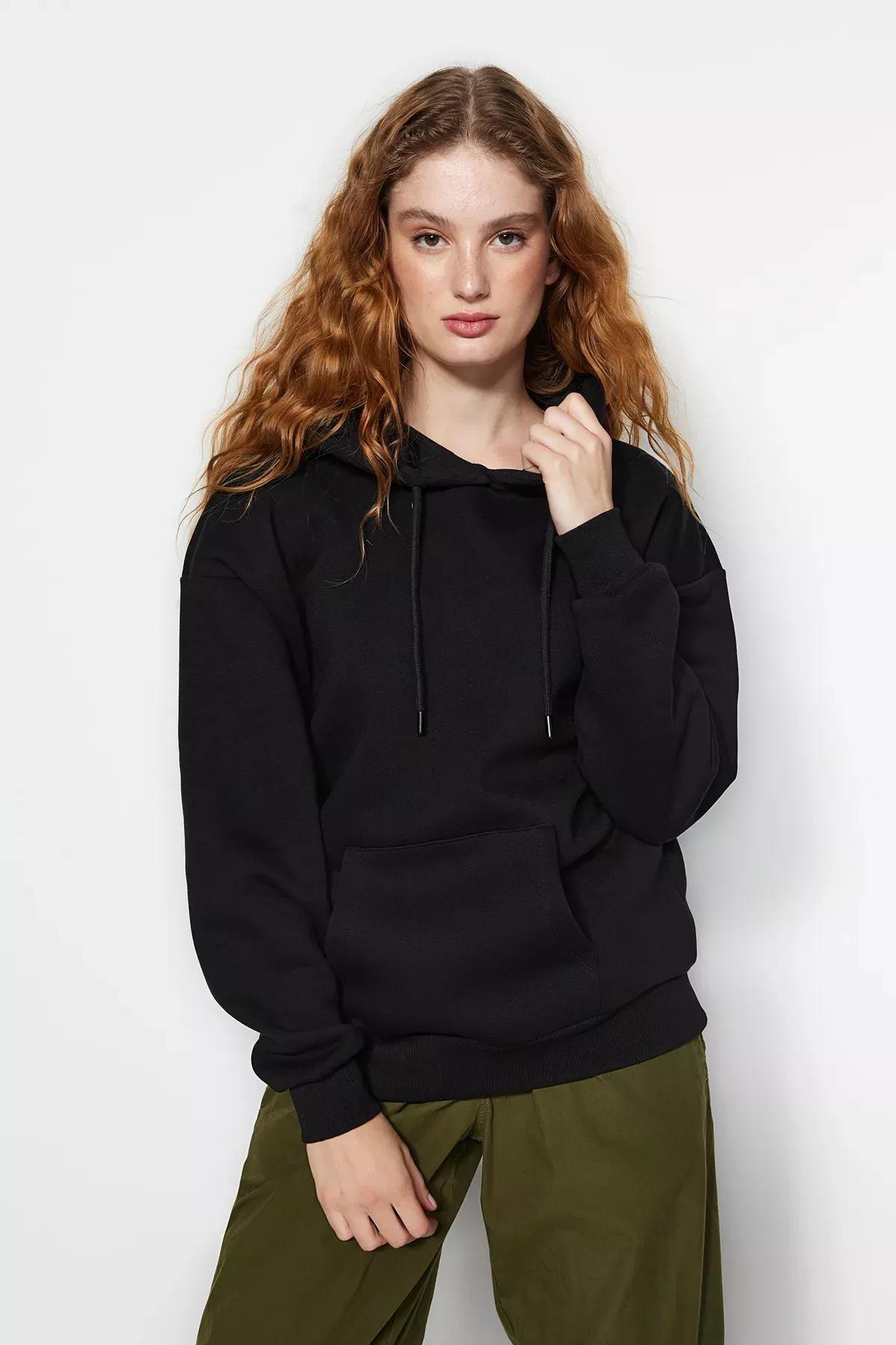 Black Oversized Knitted Hoodie, BLACK, medium