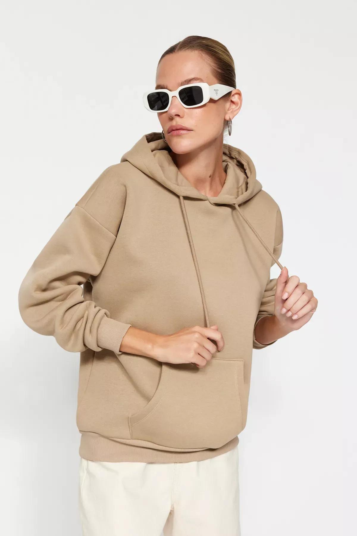 Beige Oversized Knitted Hoodie, Mink, large image number 0