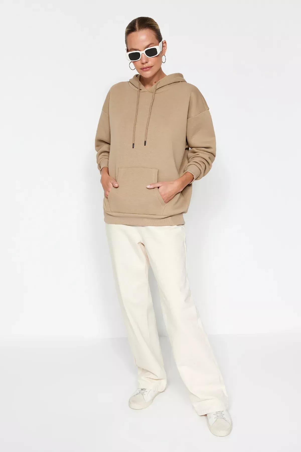 Beige Oversized Knitted Hoodie, Mink, large image number 1