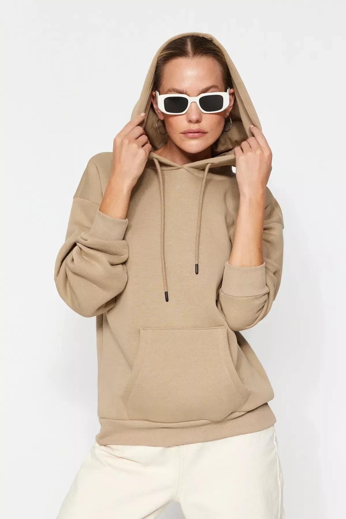 Beige Oversized Knitted Hoodie, Mink, large image number 2