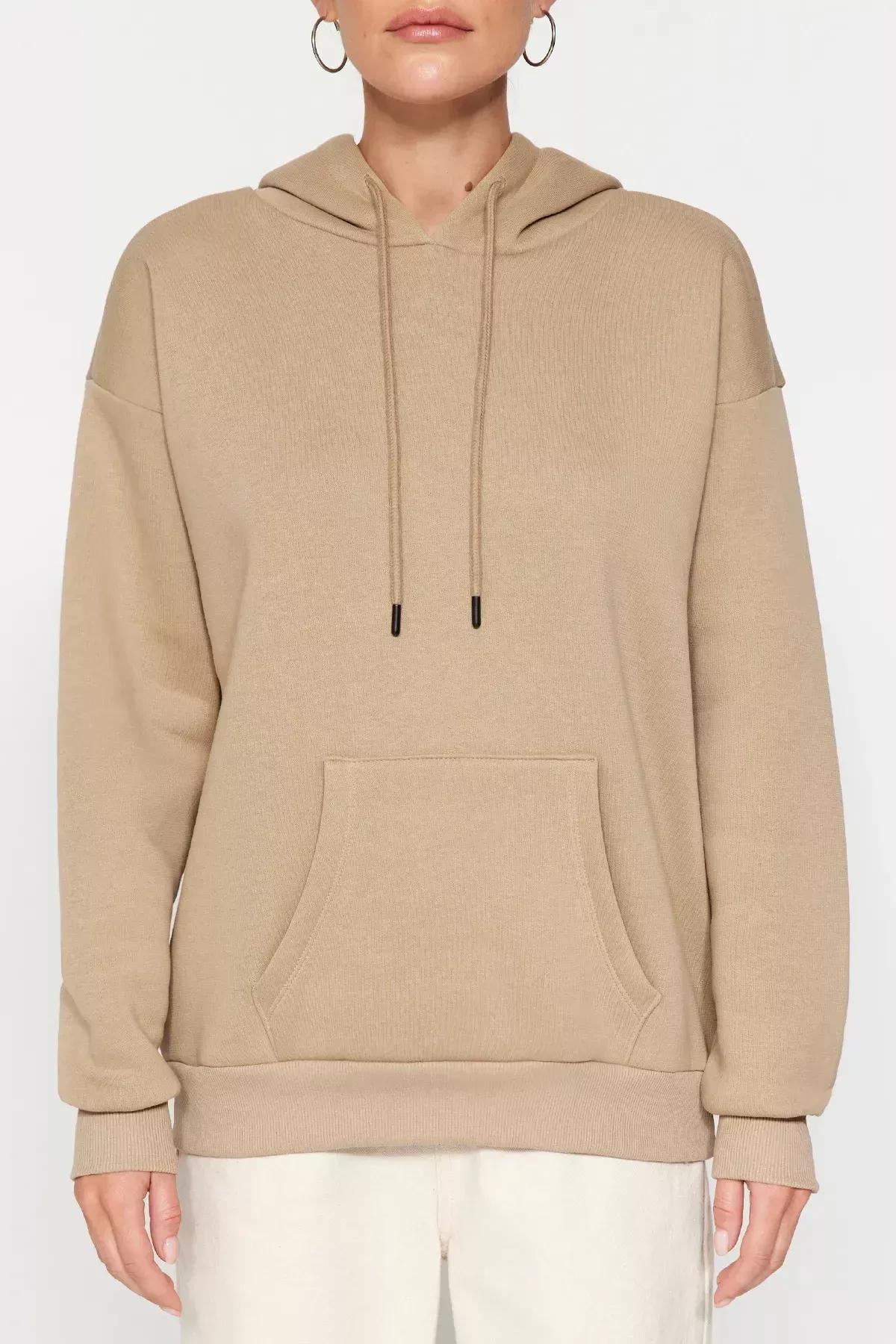 Beige Oversized Knitted Hoodie, Mink, large image number 3