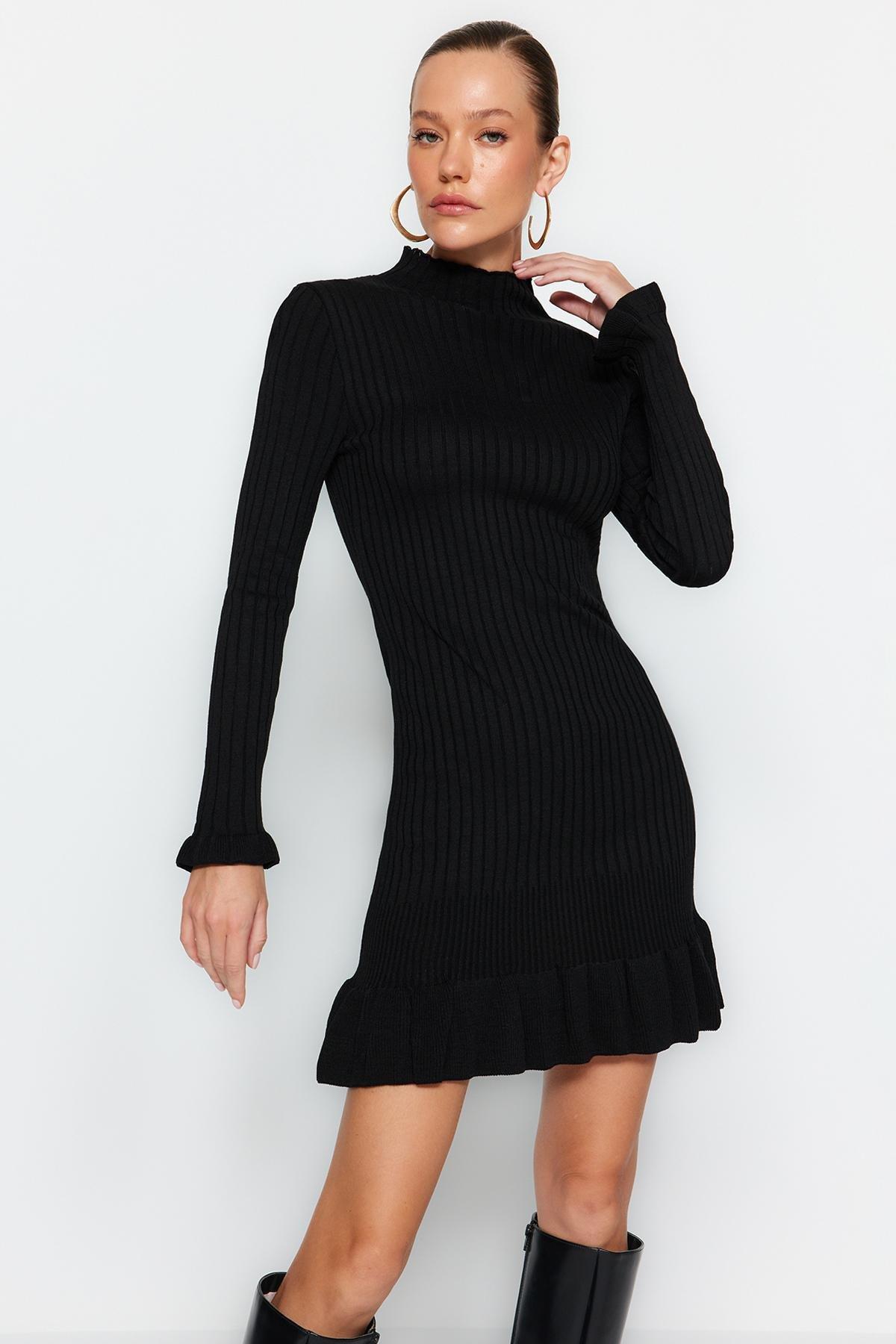 Black Collared Knitted Mini Dress, , large image number 1