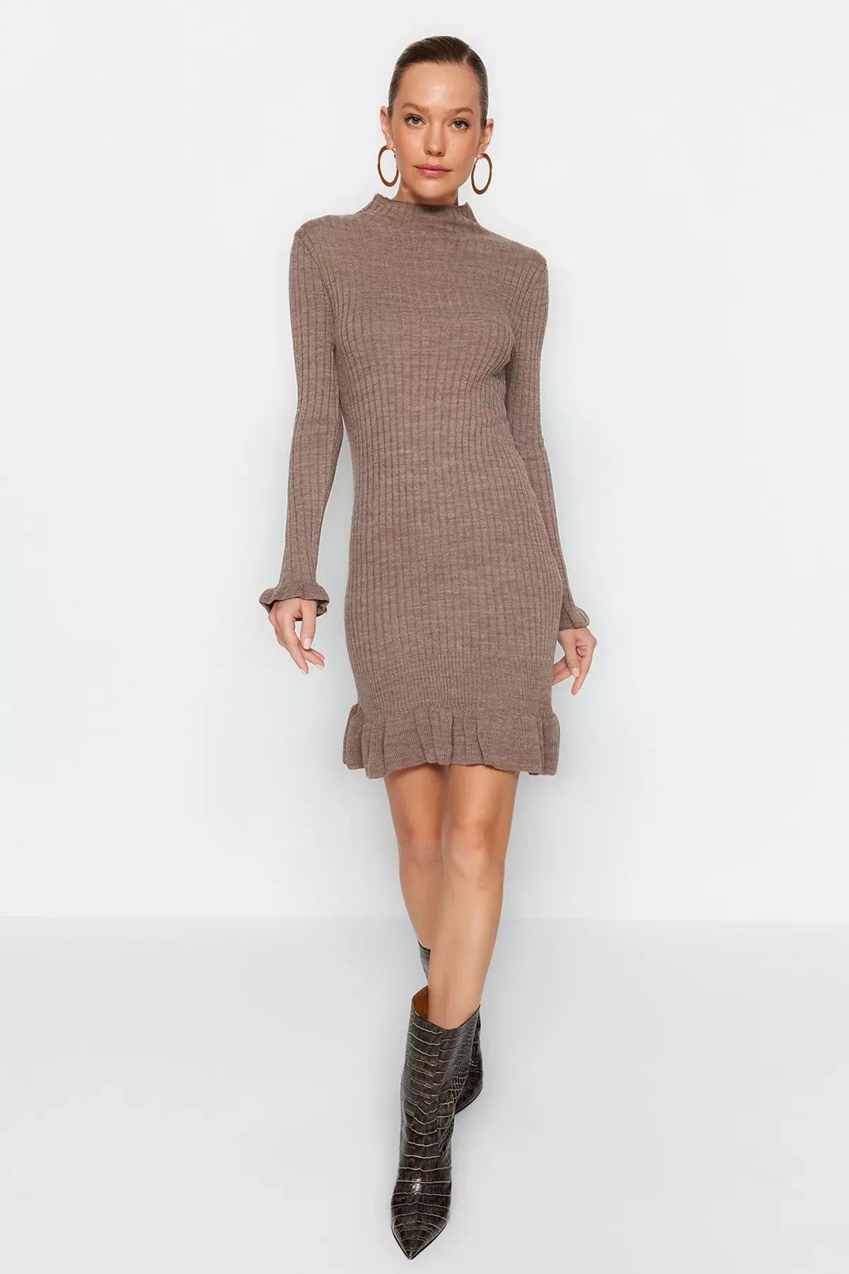 Brown Collared Knitted Mini Dress, , large image number 0