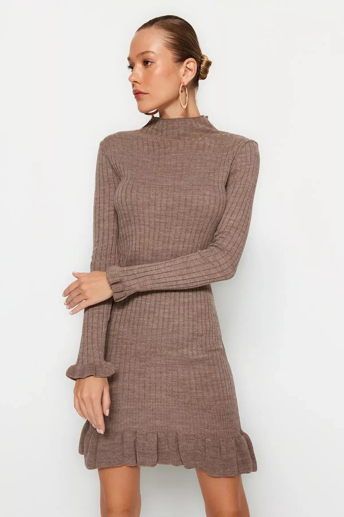 Trendyol - Brown Collared Knitted Mini Dress