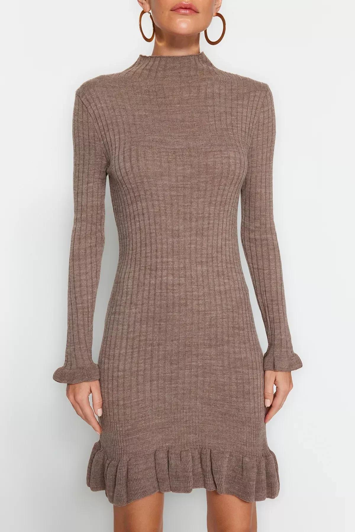 Brown Collared Knitted Mini Dress, , large image number 3