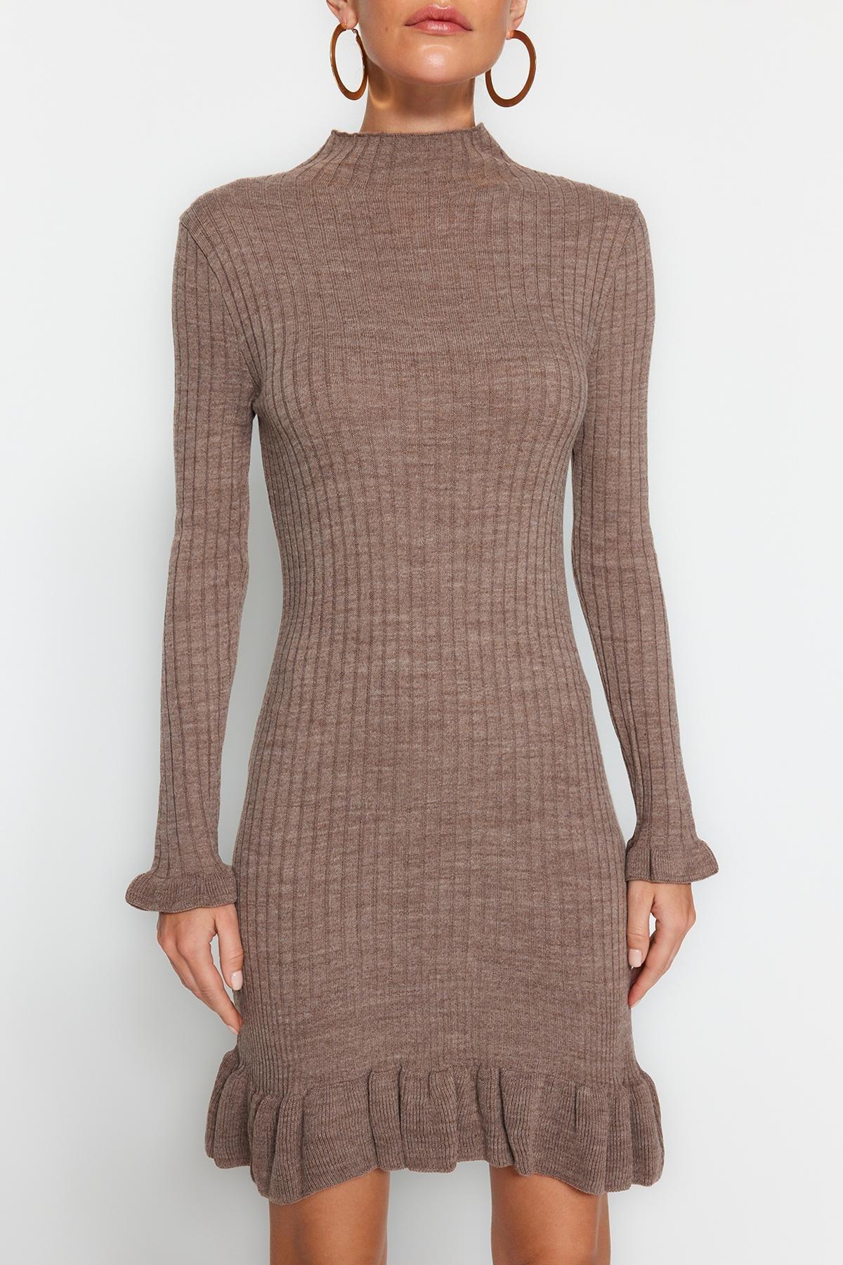 Brown Collared Knitted Mini Dress, , large image number 3