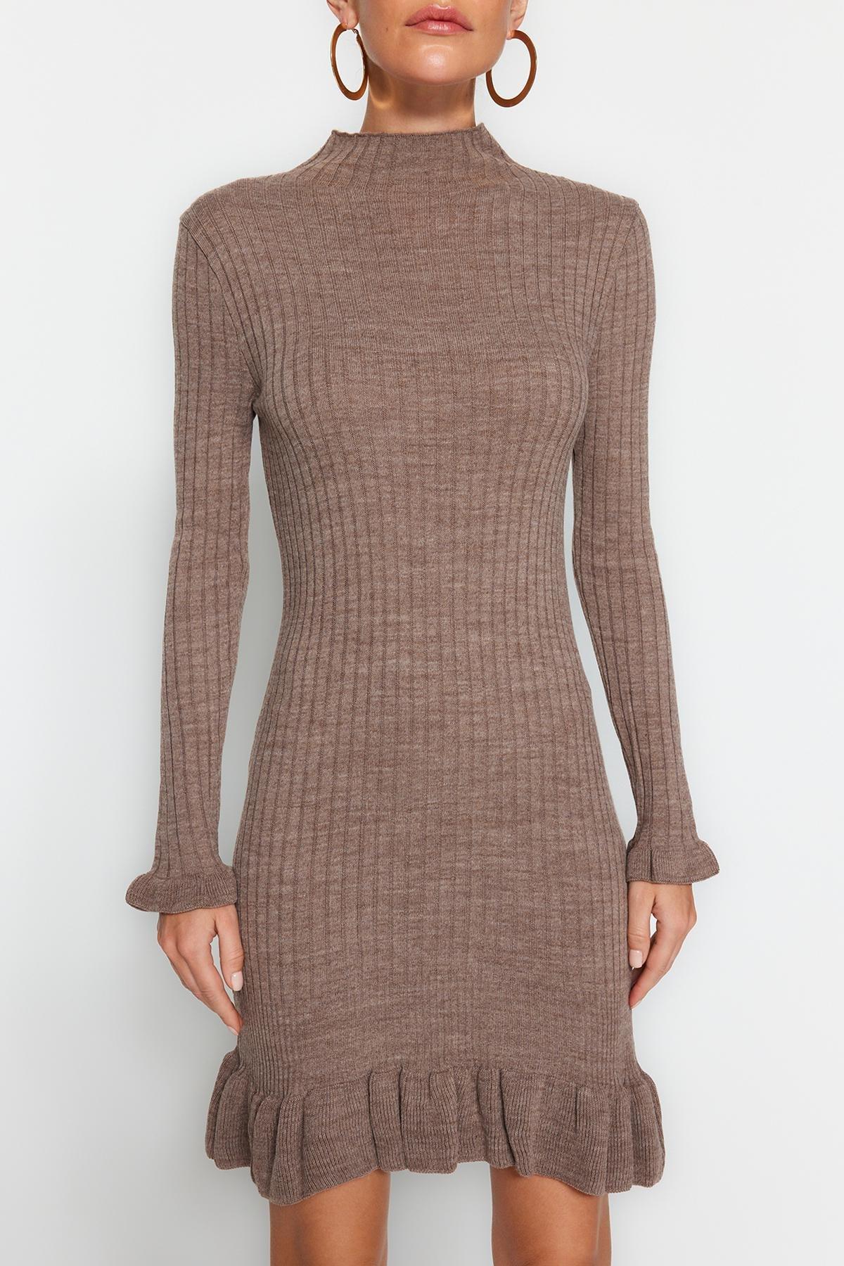 Trendyol - Brown Collared Knitted Mini Dress