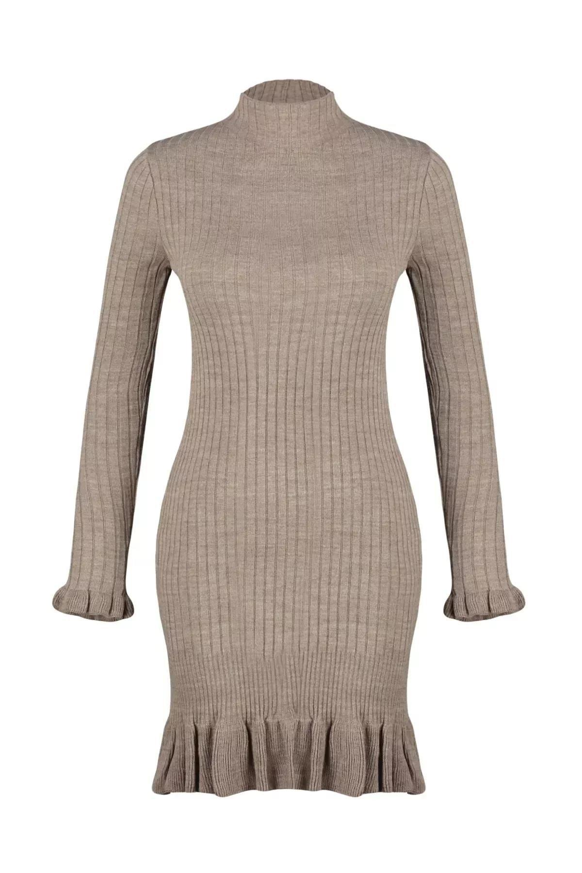 Brown Collared Knitted Mini Dress, , large image number 5