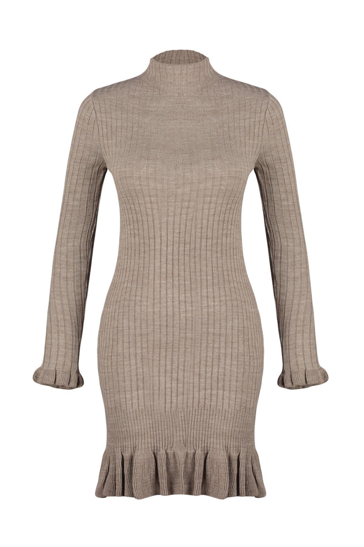 Trendyol - Brown Collared Knitted Mini Dress