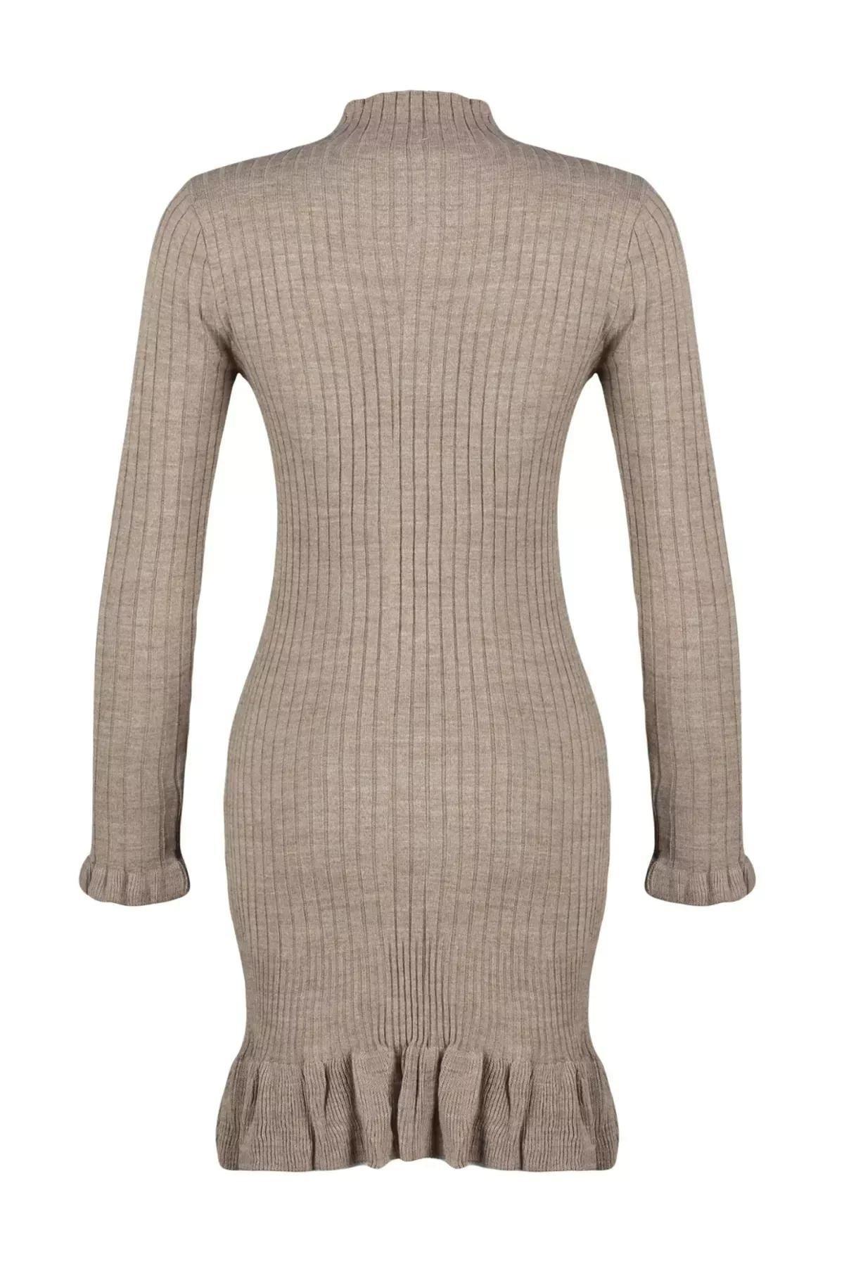 Brown Collared Knitted Mini Dress, , large image number 6