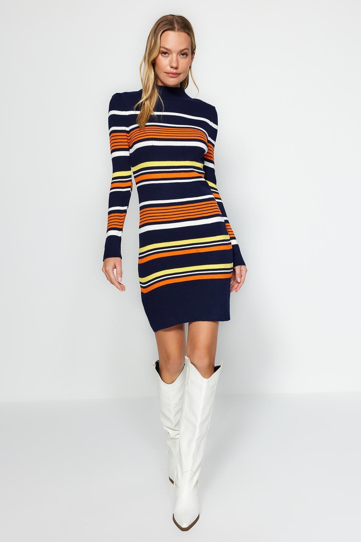 Navy Collared Knitted Mini Dress, , large image number 0