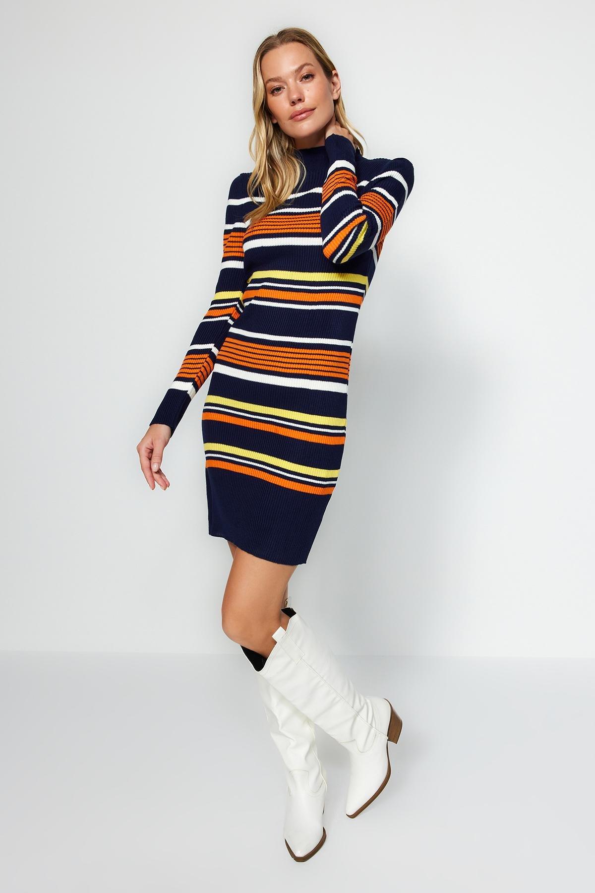 Navy Collared Knitted Mini Dress, , large image number 1