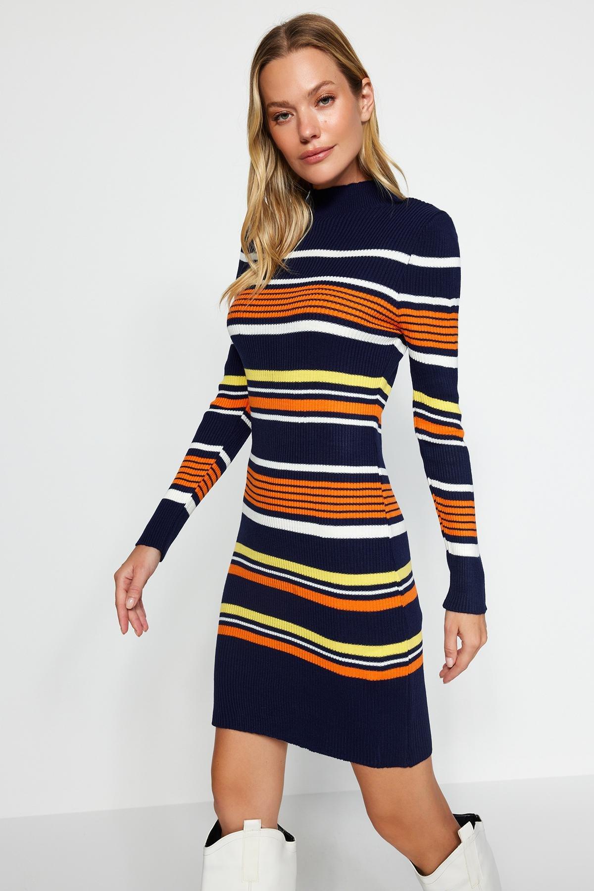 Navy Collared Knitted Mini Dress, , large image number 2