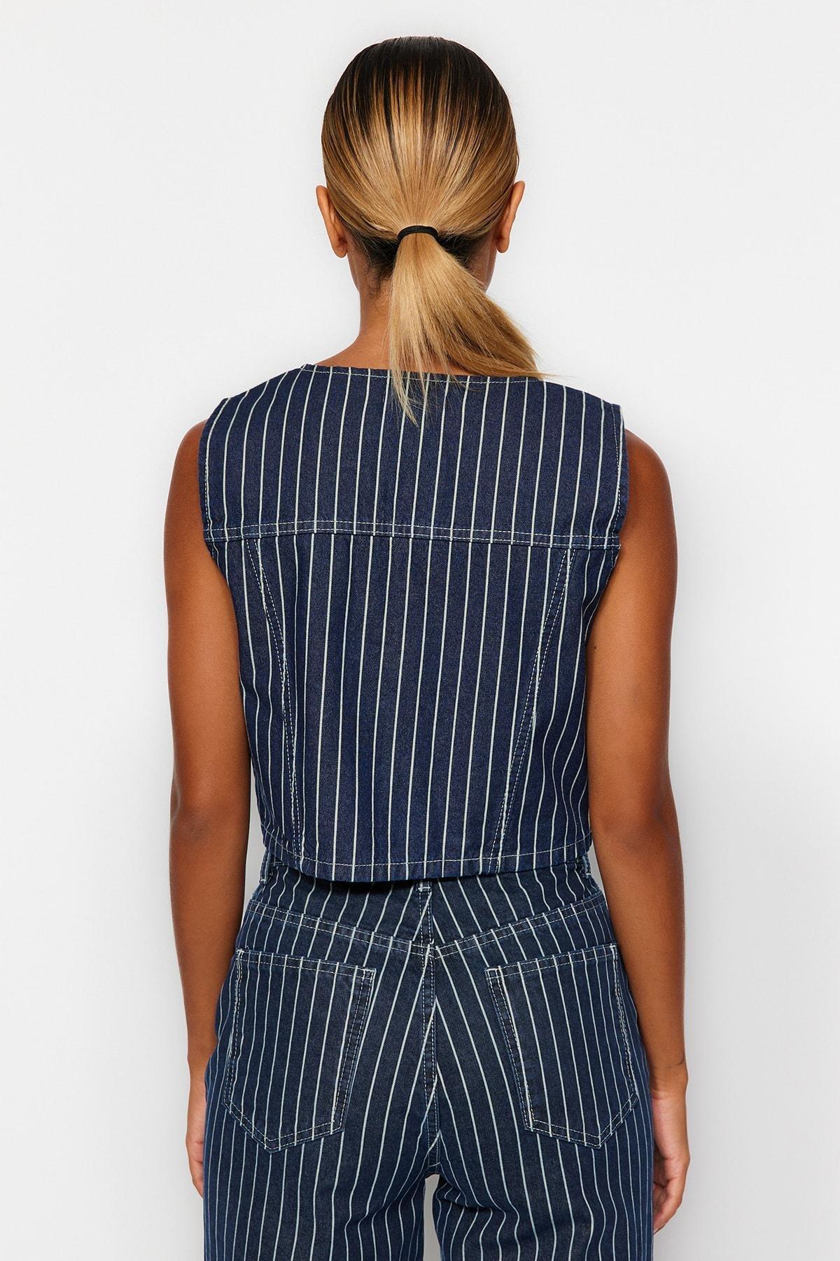 Trendyol - Blue Striped Denim Vest