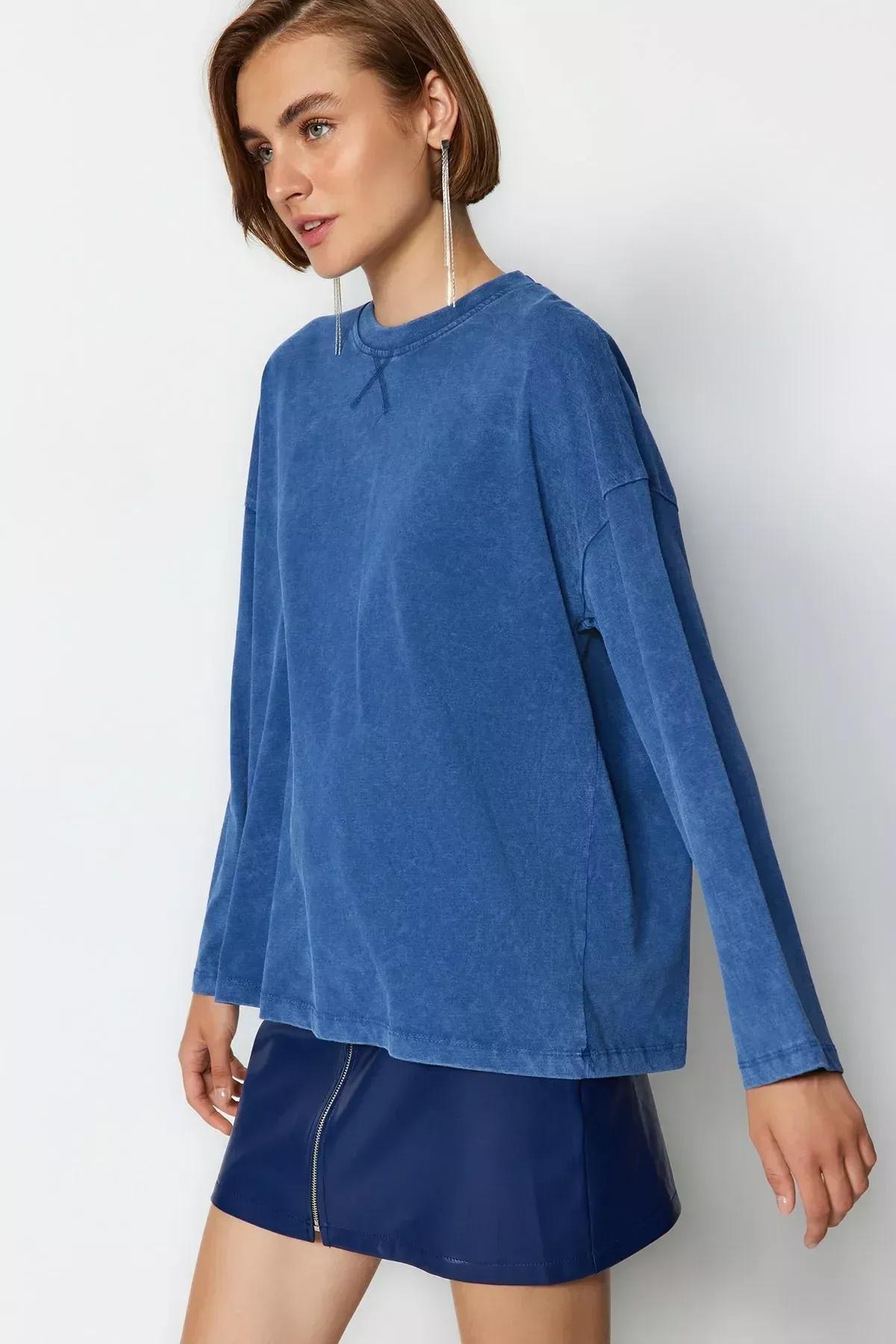 تيشيرت مُحاك بلون باهت، أزرق, Indigo, large image number 2