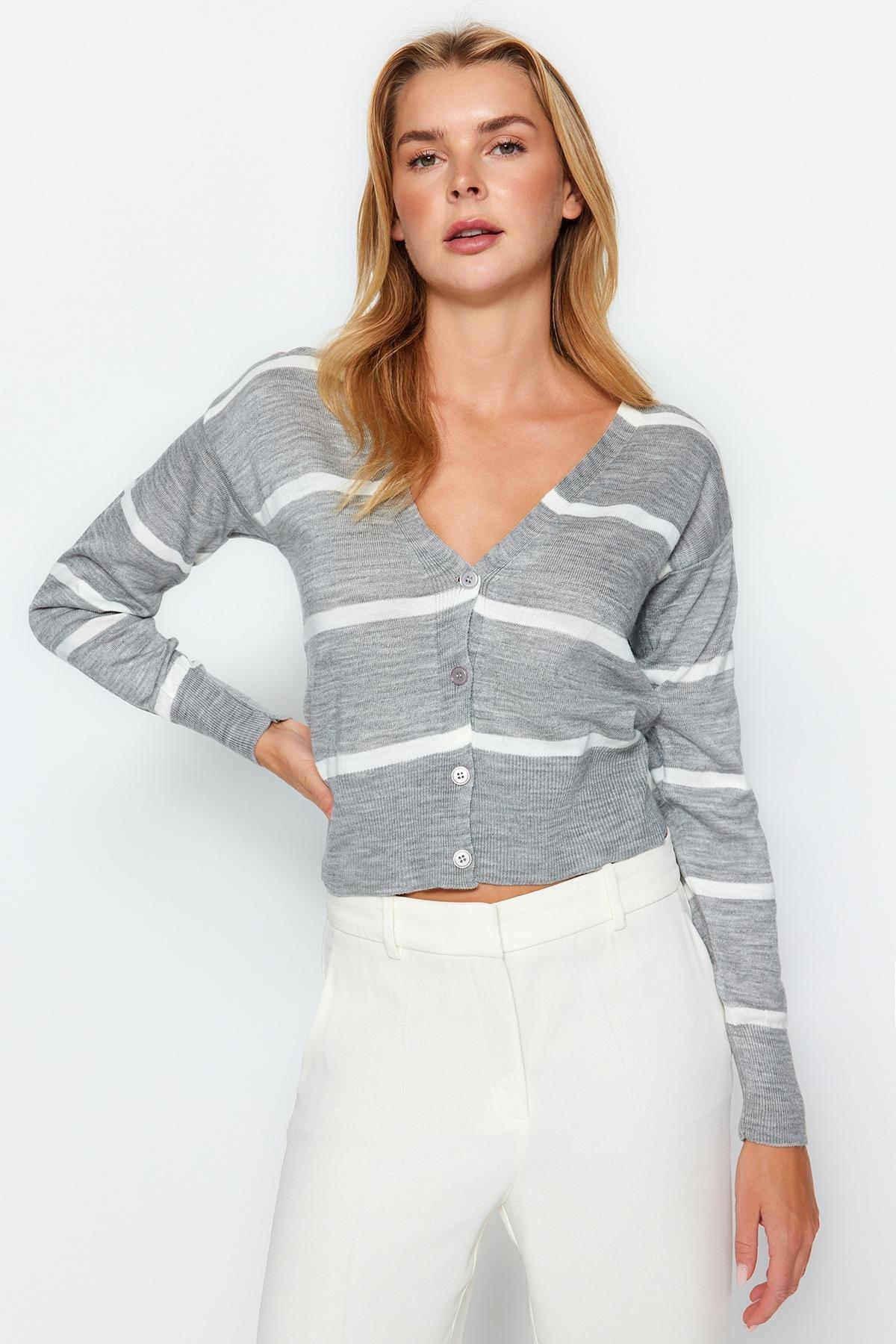 Trendyol - Grey V-Neck Striped Knitted Cardigan