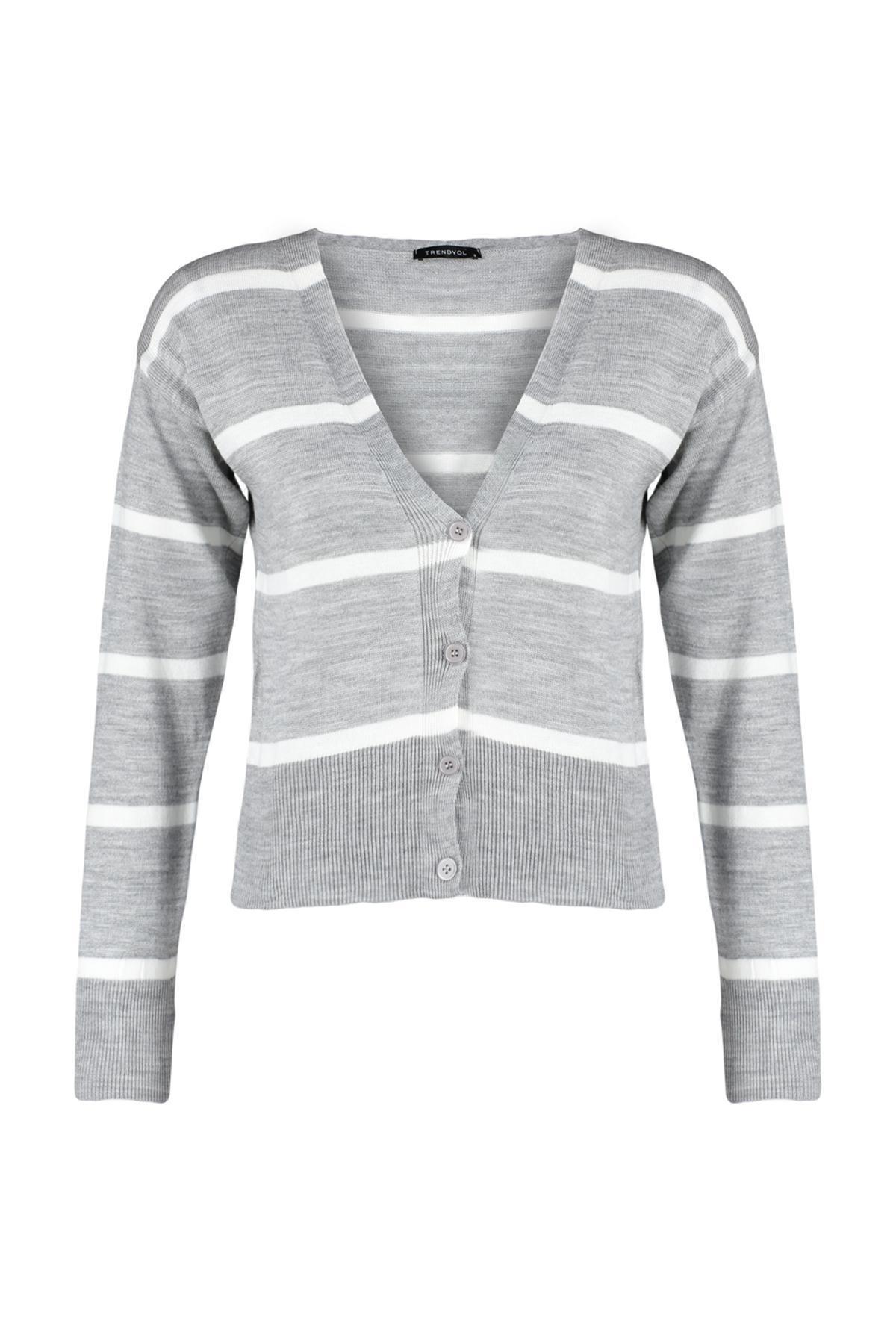 Trendyol - Grey V-Neck Striped Knitted Cardigan