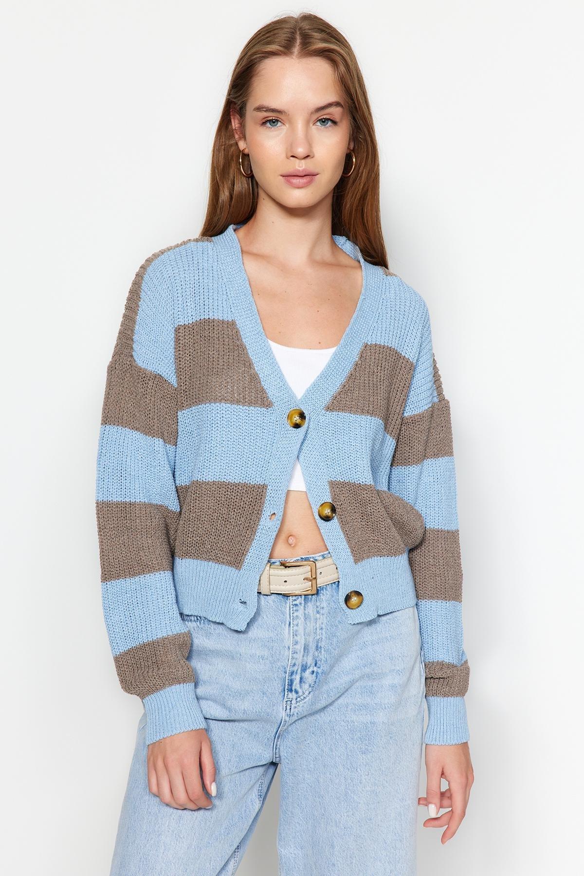 Trendyol - Blue V-Neck Colour Block Knitted Cardigan