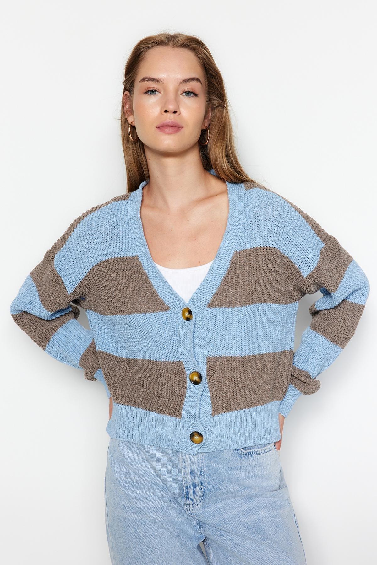 Trendyol - Blue V-Neck Colour Block Knitted Cardigan