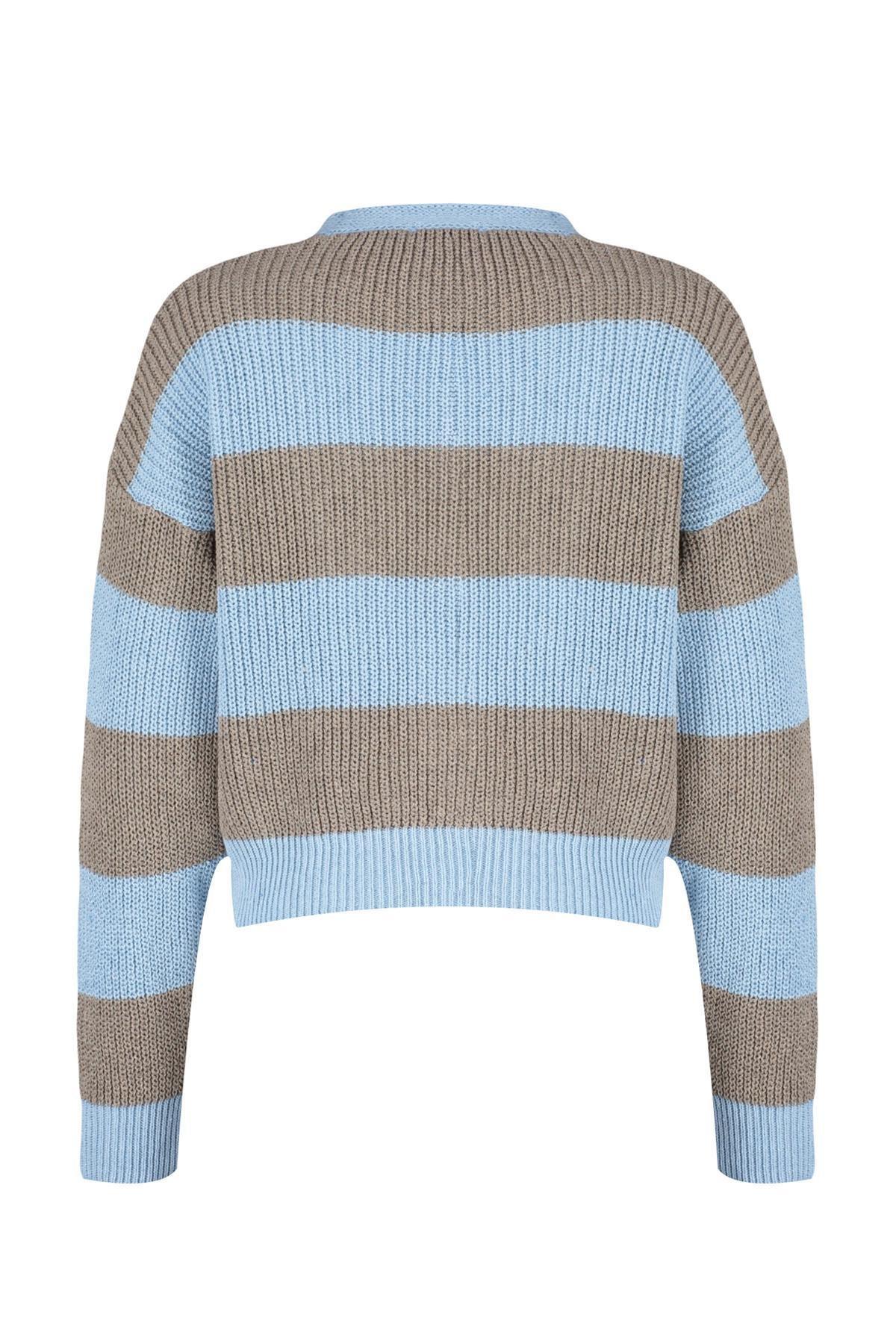 Trendyol - Blue V-Neck Colour Block Knitted Cardigan