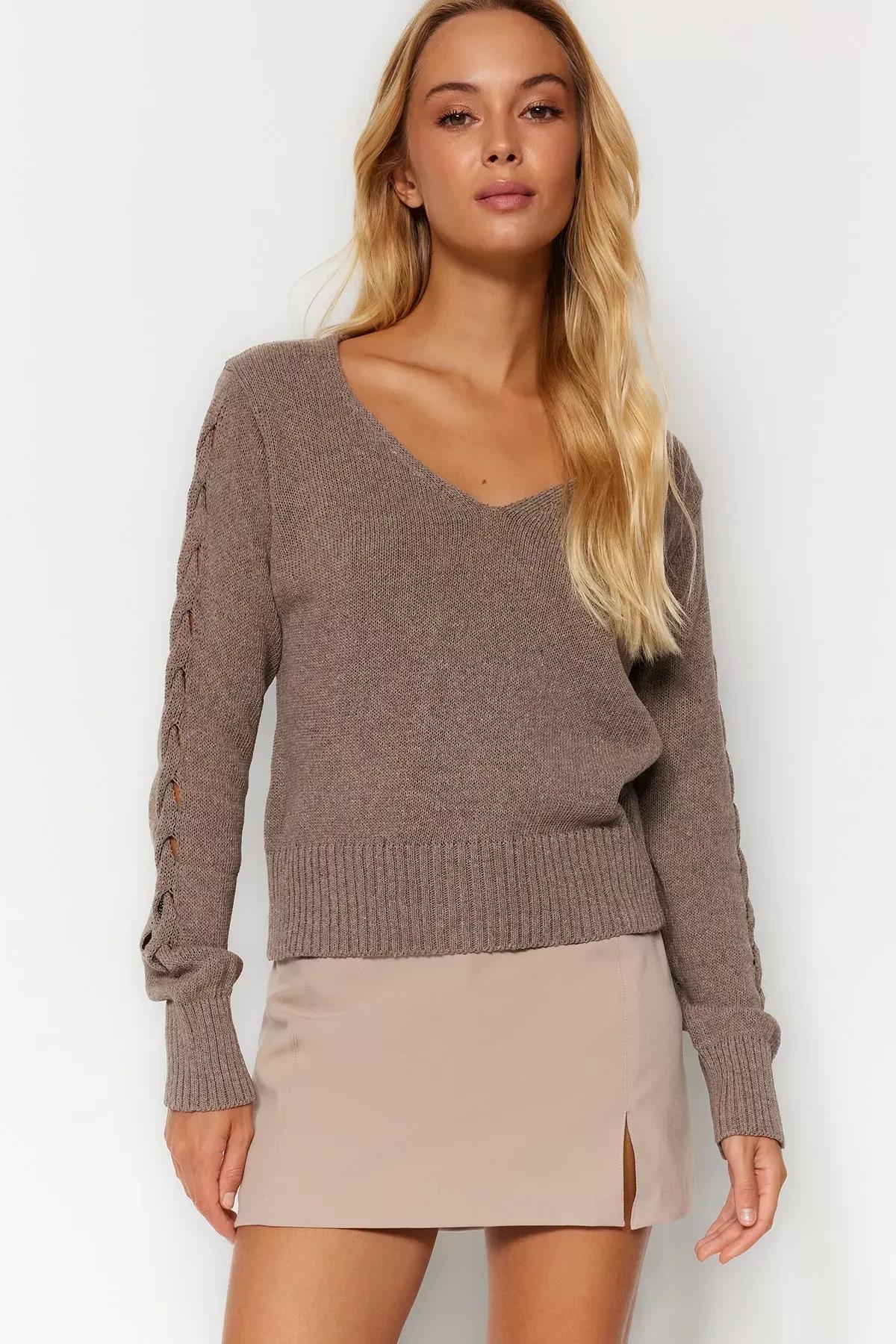 Beige V-Neck Perforated Knitted Sweater, Mink, medium
