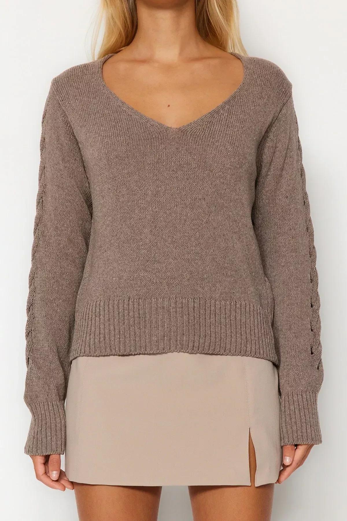Beige V-Neck Perforated Knitted Sweater, Mink, large image number 3