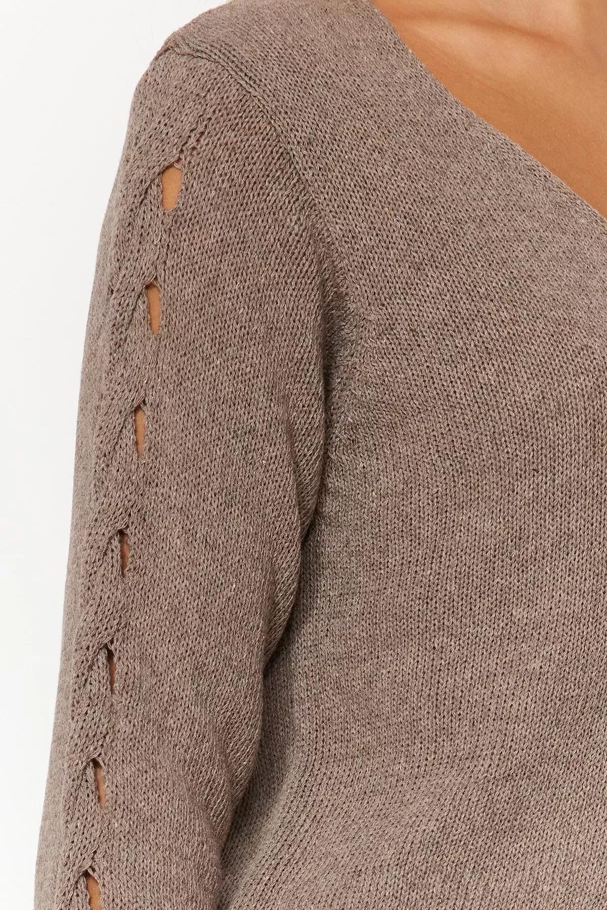 Beige V-Neck Perforated Knitted Sweater, Mink, large image number 4