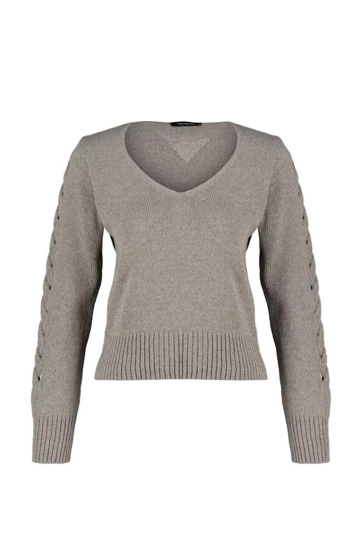 Beige V-Neck Perforated Knitted Sweater, Mink, large image number 5