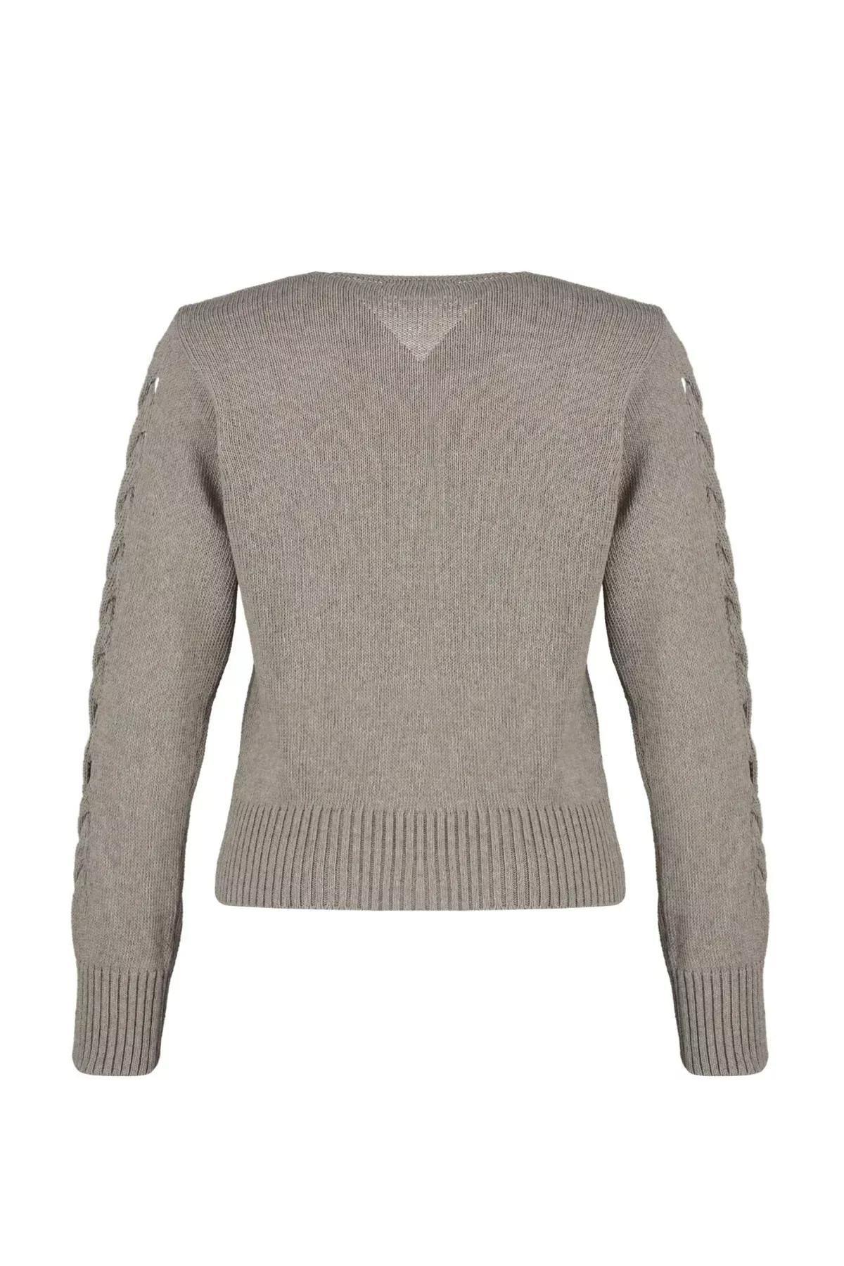 Beige V-Neck Perforated Knitted Sweater, Mink, large image number 6