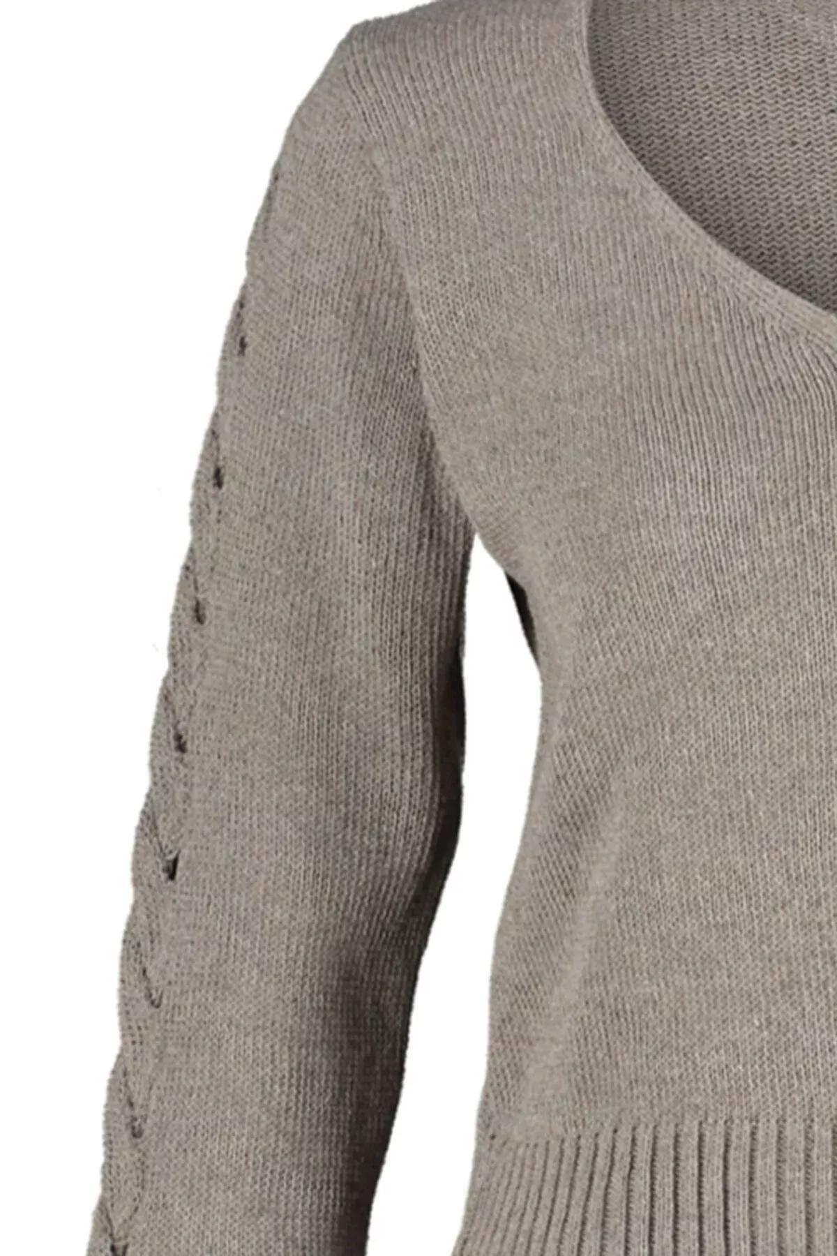 Beige V-Neck Perforated Knitted Sweater, Mink, large image number 7