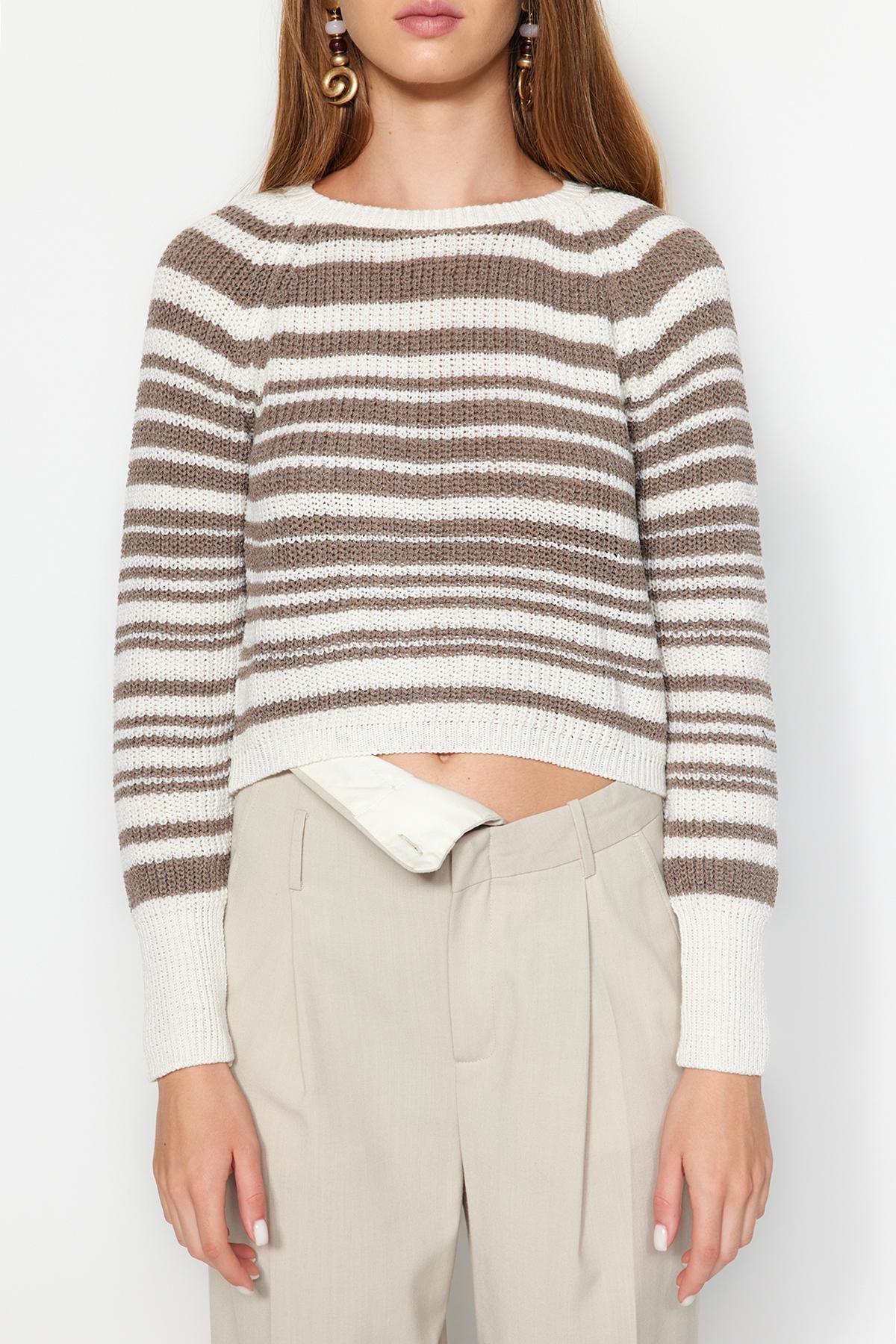 Trendyol - Cream Striped Knitted Sweater